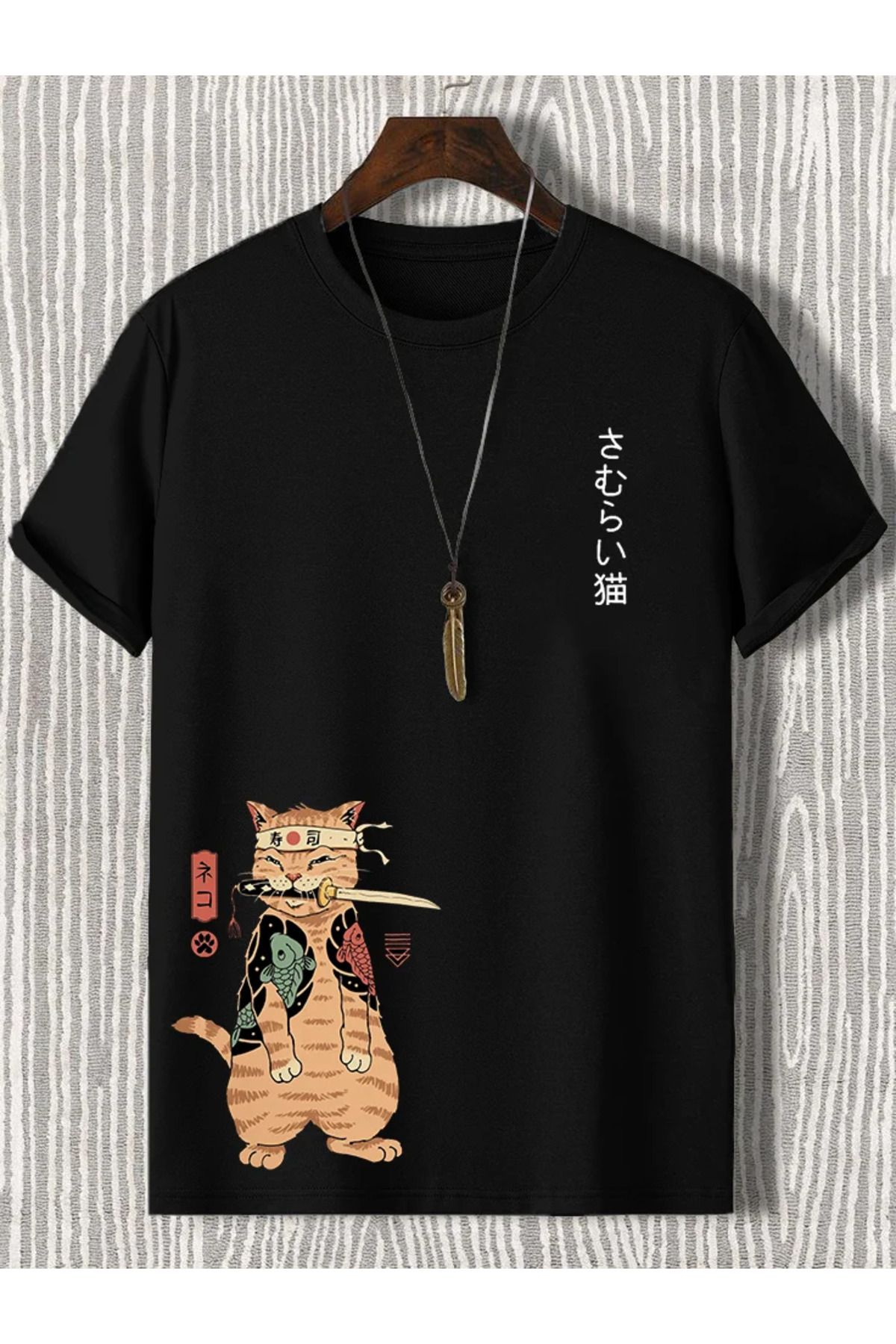 aynewmoda Erkek Günlük Japon Samuray Suşi Kedi Baskılı Tişört