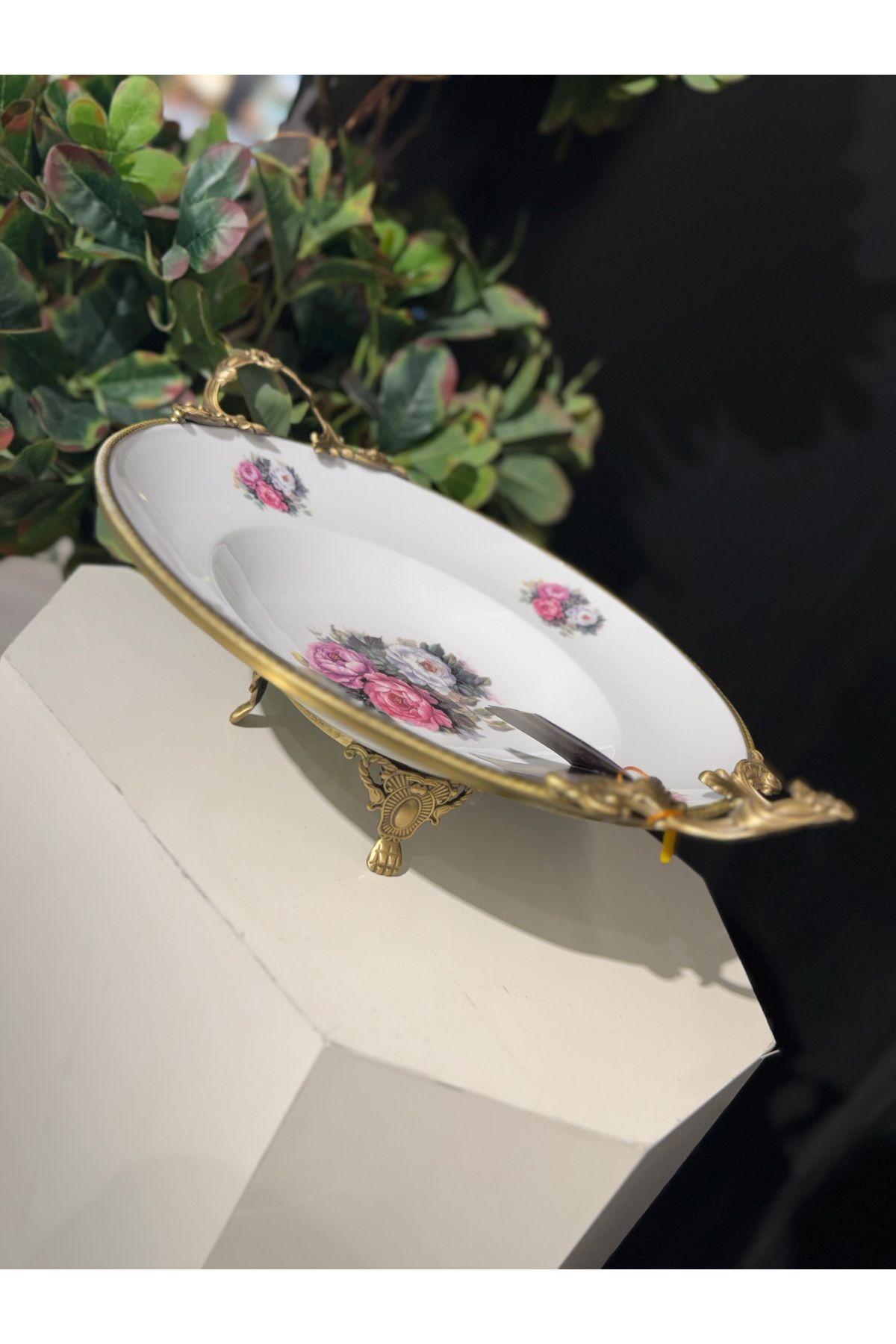 hediye ESTERHOMEDECOR Ayaklı sunum tabağı 39*3012cm kulplu çiçekli sunumluk