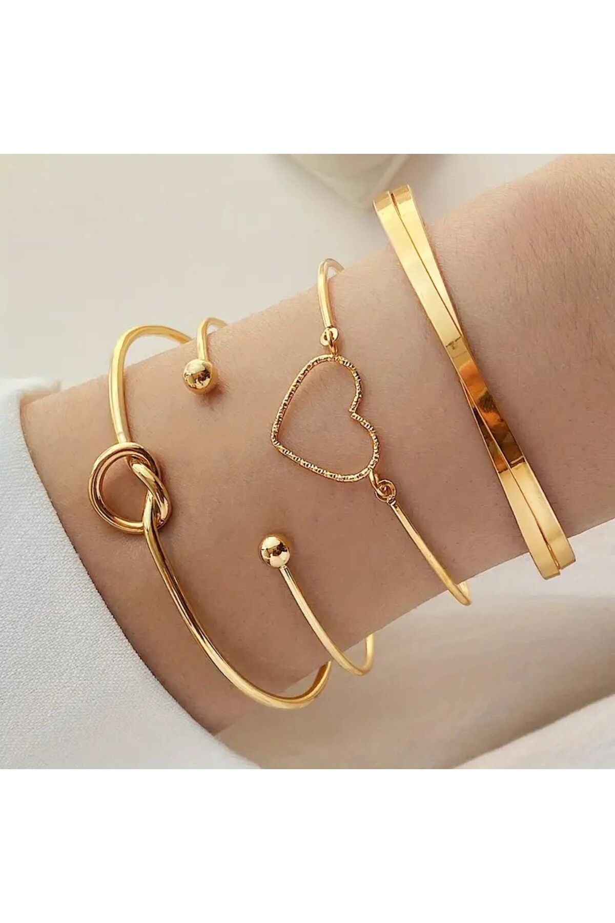 Perry Accesories dört adet gold bileklik düğüm kalp bileklik seti 4 adet kombin gold kelepçe bileklik seti
