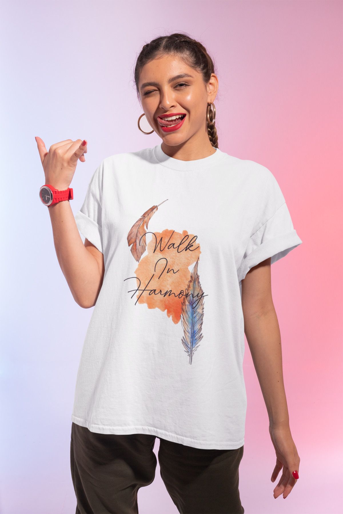 MAGORS WALK IN BASKILI BİSİKLET YAKA PAMUKLU OVERSIZE KALIP KISA KOLLU KADIN TSHIRT
