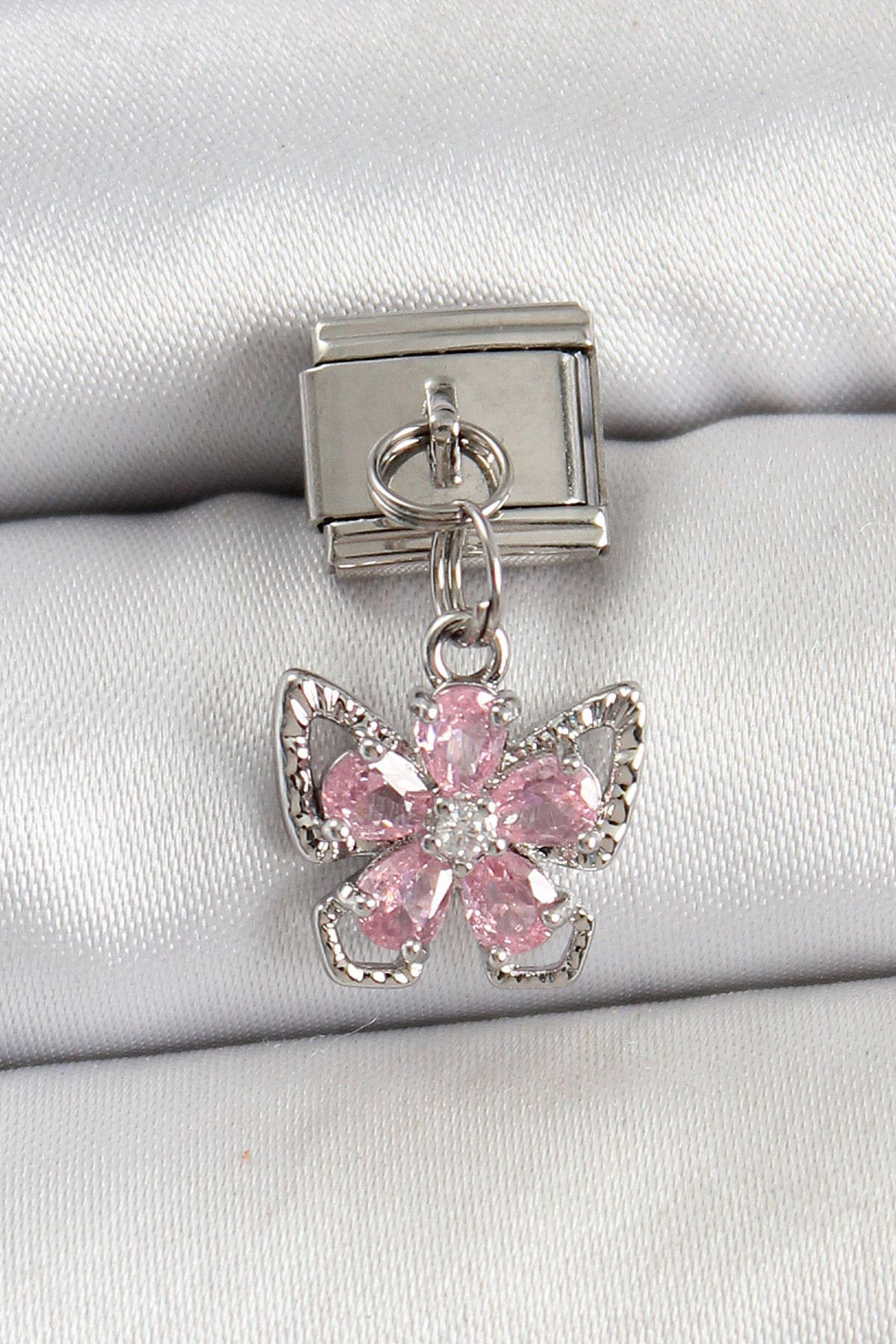 Angel Of Life 316L Çelik Sallantılı Zirkon Taşlı Çiçek Figürlü Kelebek Model Gümüş Renk Nomination Charm - TJ-BC14