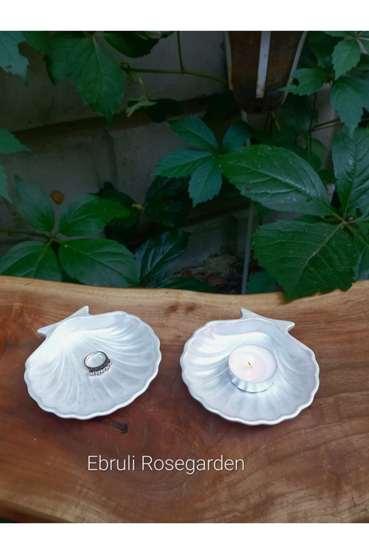 Ebruli Rosegarden 2'li İNCİ Serisi 10 Cm Deniz Kabuğu İstridye Beton Dekoratif Kase Takı Tabağı ve Tealight Mum