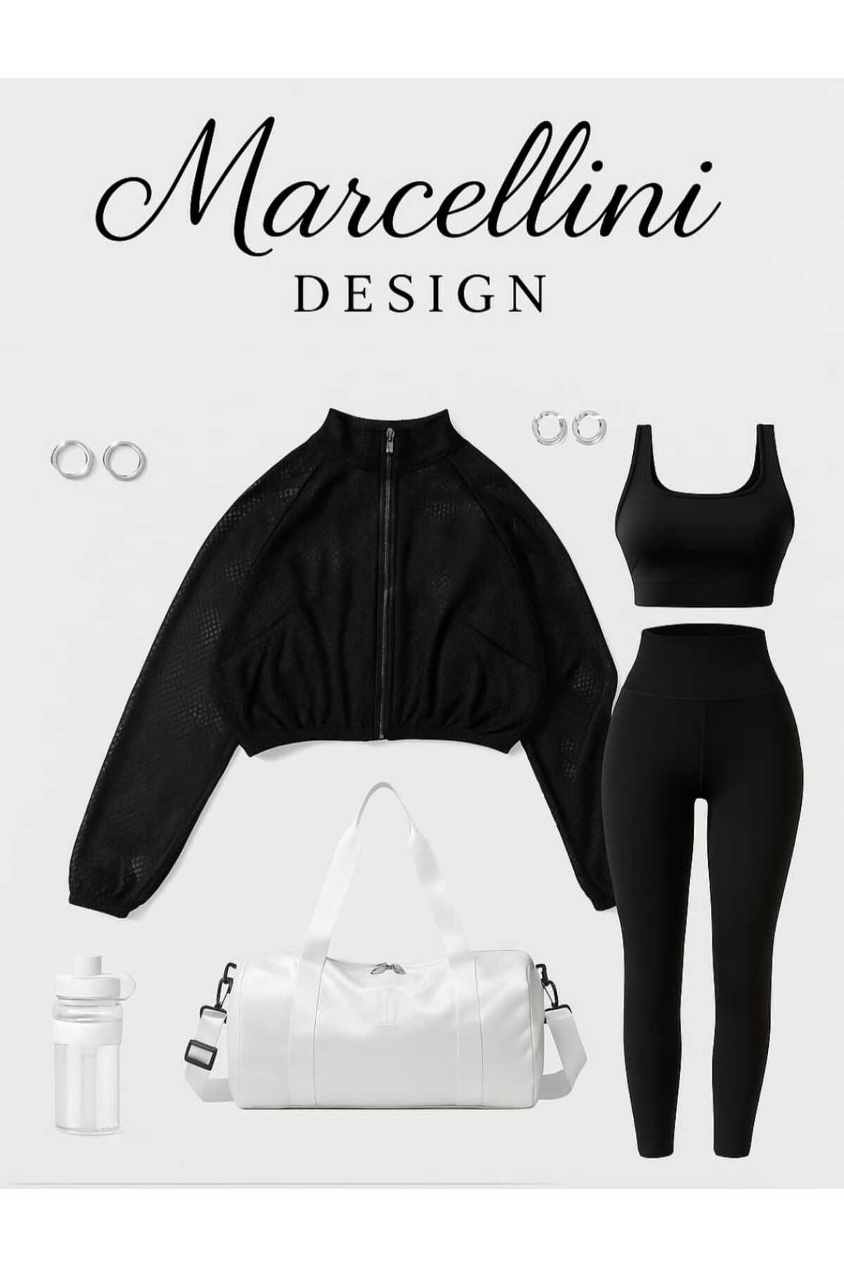 Marcellini Design Esnek ve Toparlayıcı 3 Parça Sporcu Takımı – Ceket, Crop ve Tayt_ Siyah