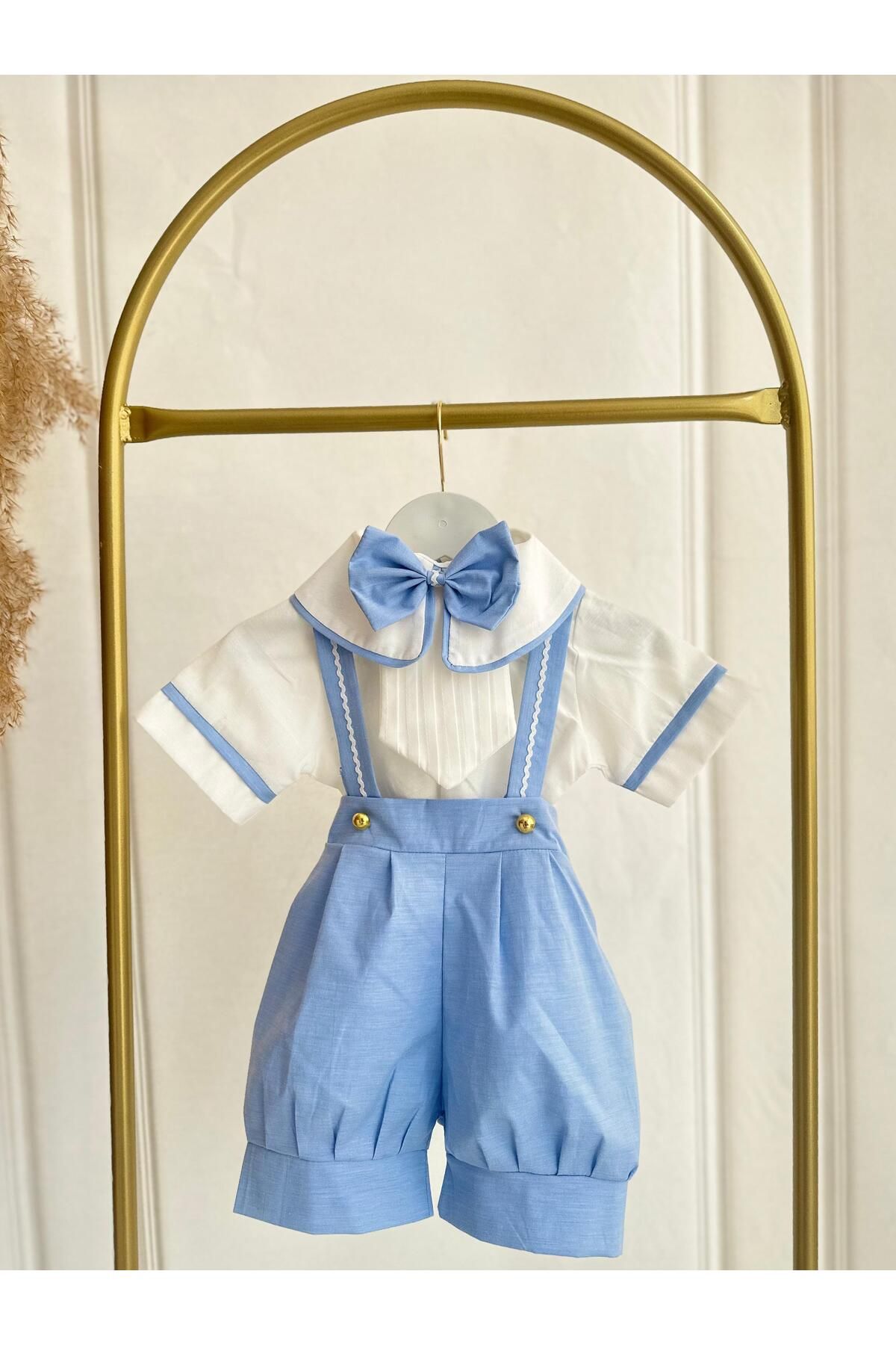 Hobidik Kız Bebek Çocuk Bebe Mavi Poplin Kumaş Şortlu Önlüklü Salopet Alt Üst Takım