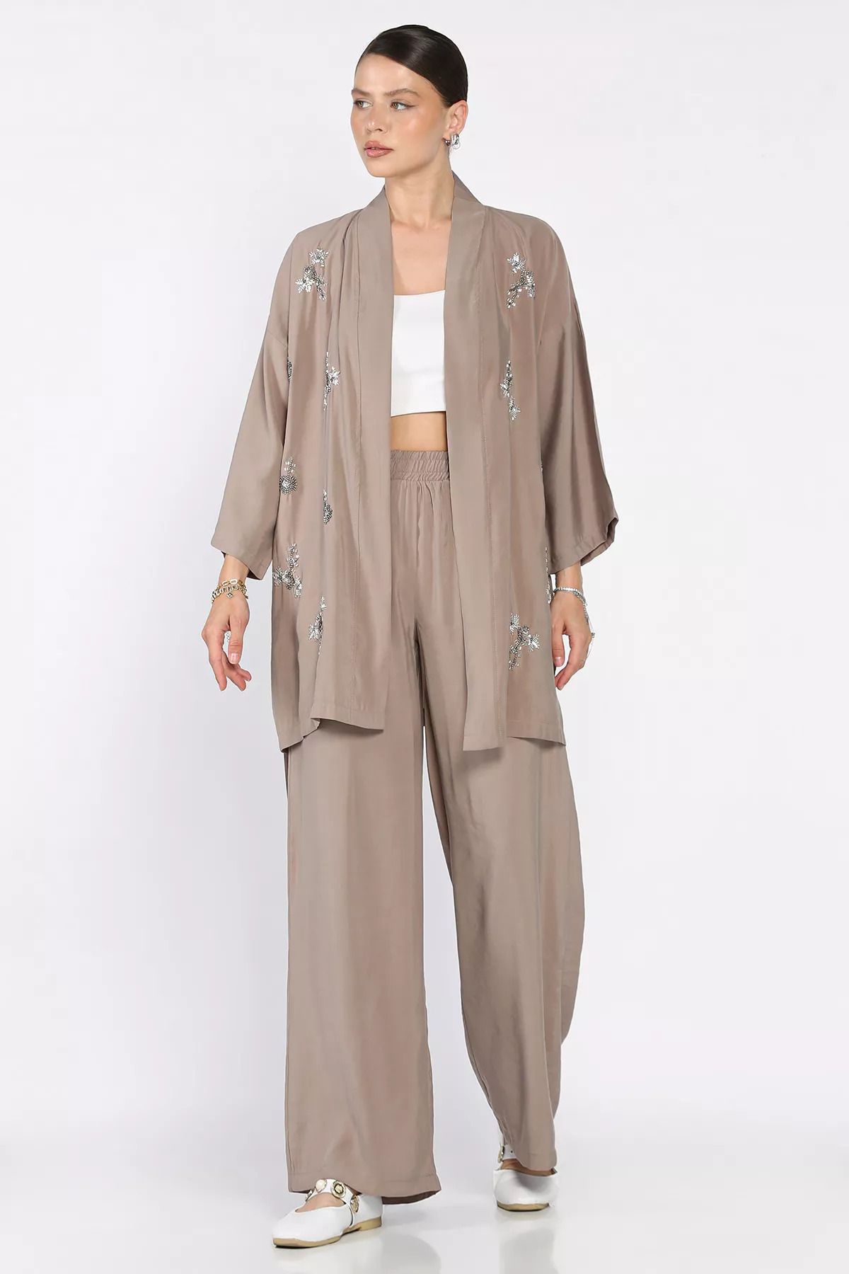 julude Vizon Taşlı Kimono Pantolon İkili Takım