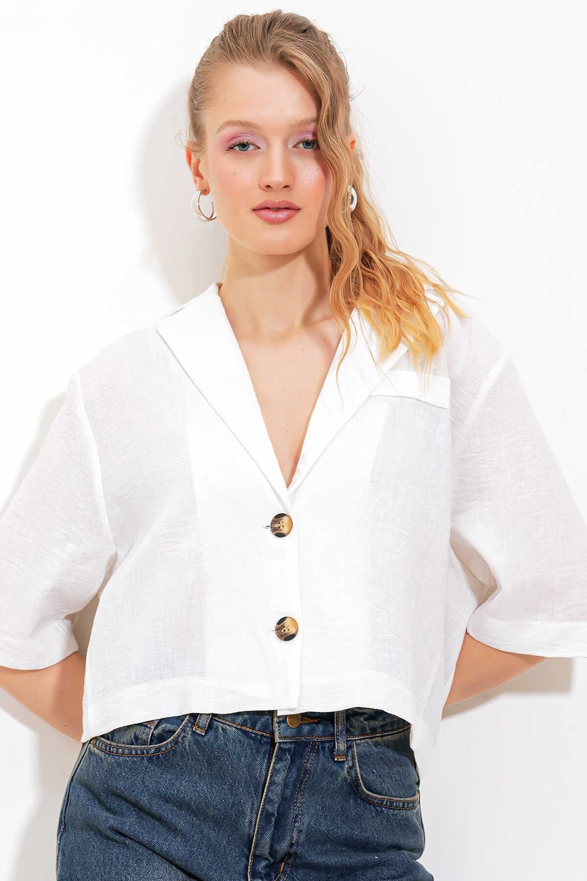 Enter Çift Düğmeli Oversize Crop Keten Ceket