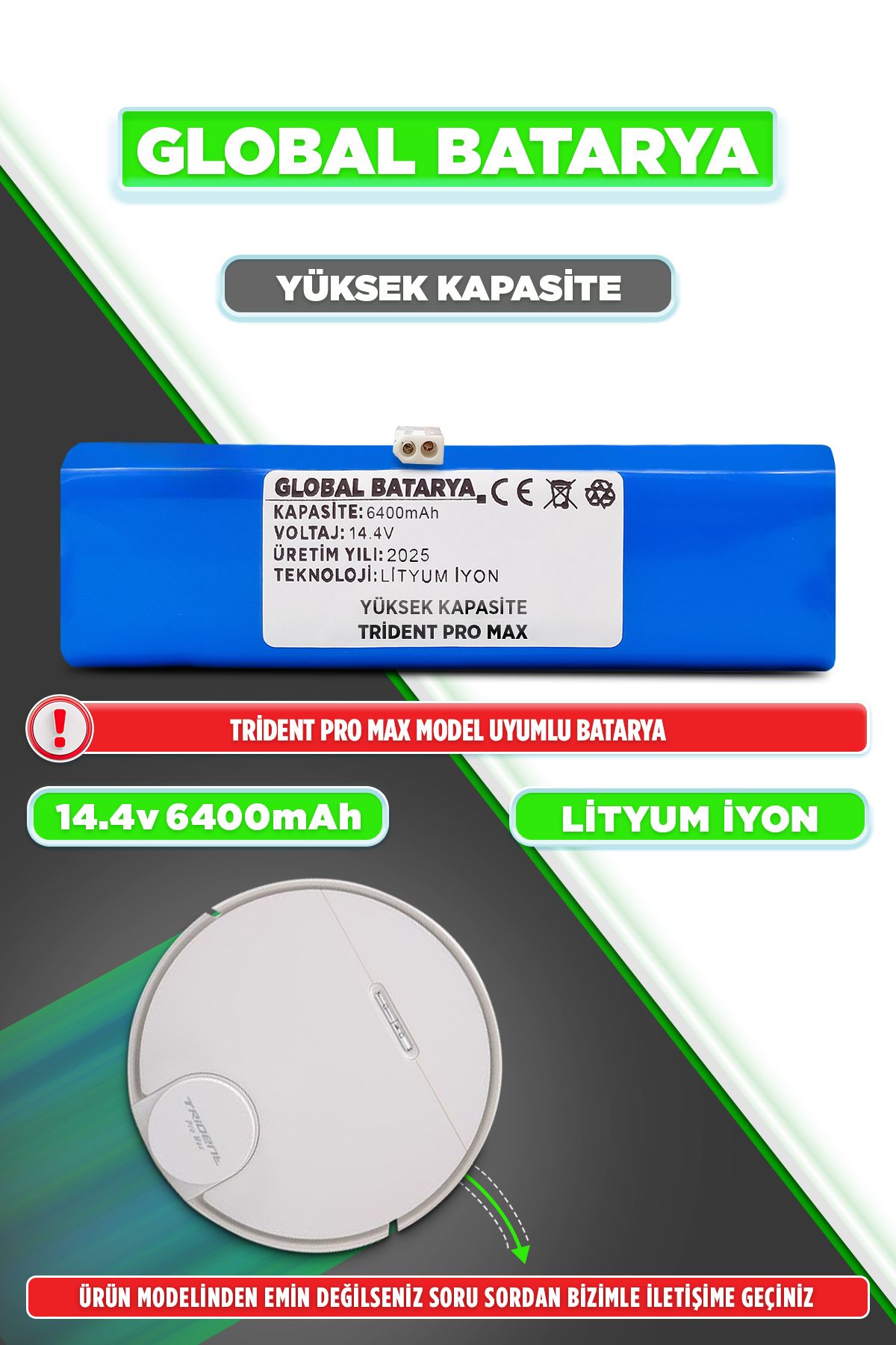 GLOBAL BATARYA Trident Pro Max Uyumlu Akıllı Robot Süpürge Bataryası 14.4v 6400mAh Li-ion Pil (Yüksek Kapasite)
