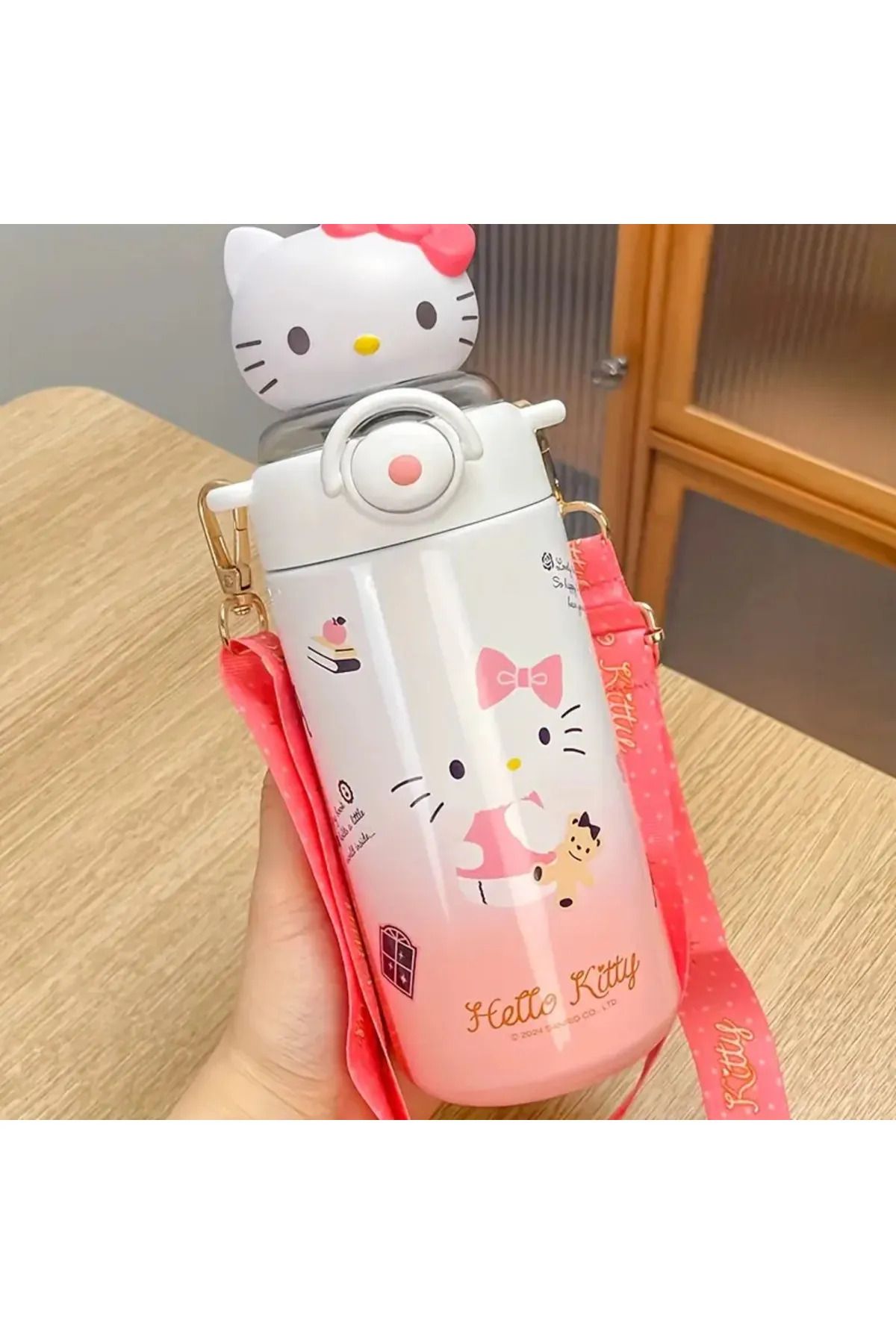 ada çanta kırtasiye Çocuk termos paslanmaz çelik Hello Kitty figürlü pipetli askılı 600ml AD2205