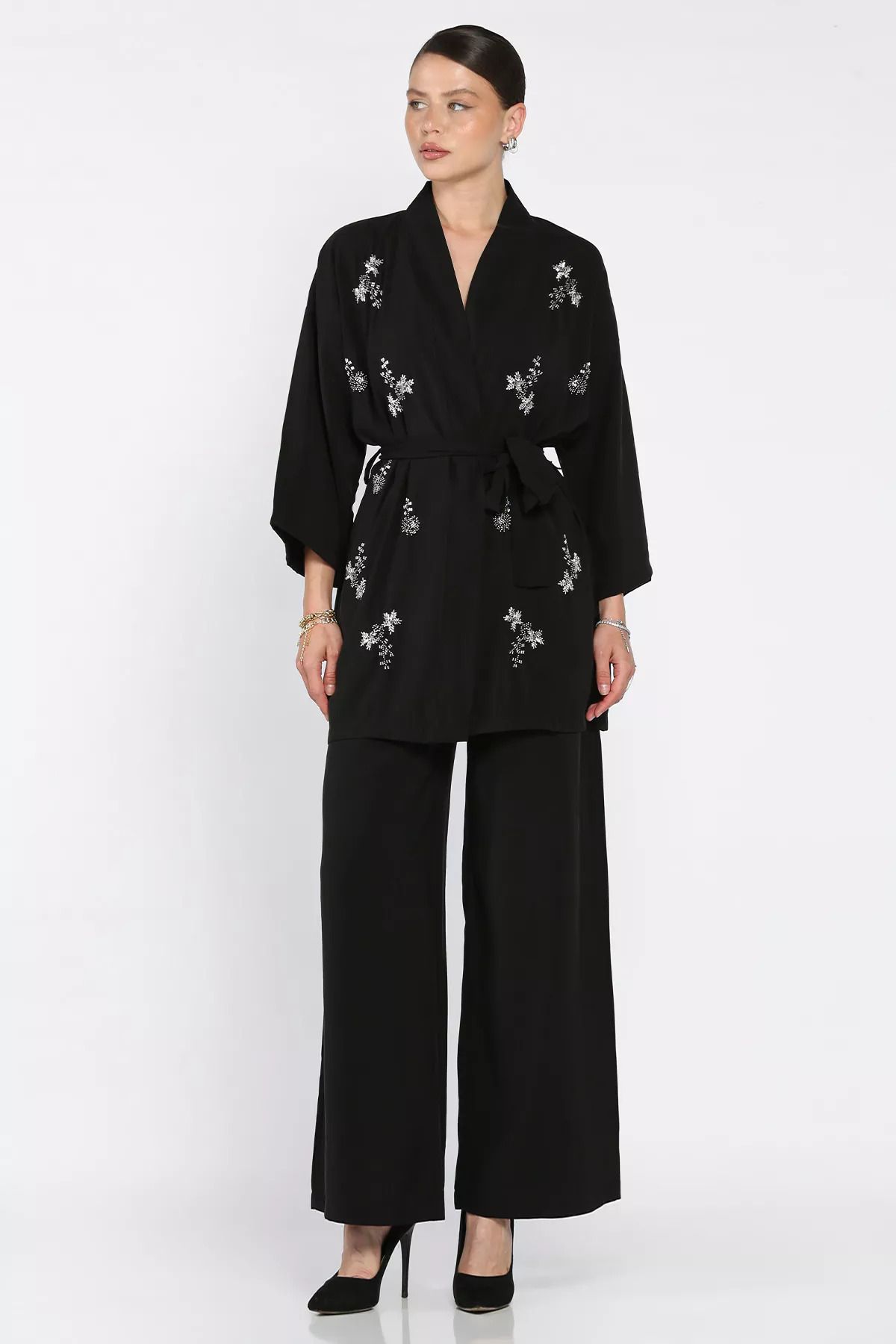 julude Siyah Taşlı Kimono Pantolon İkili Takım