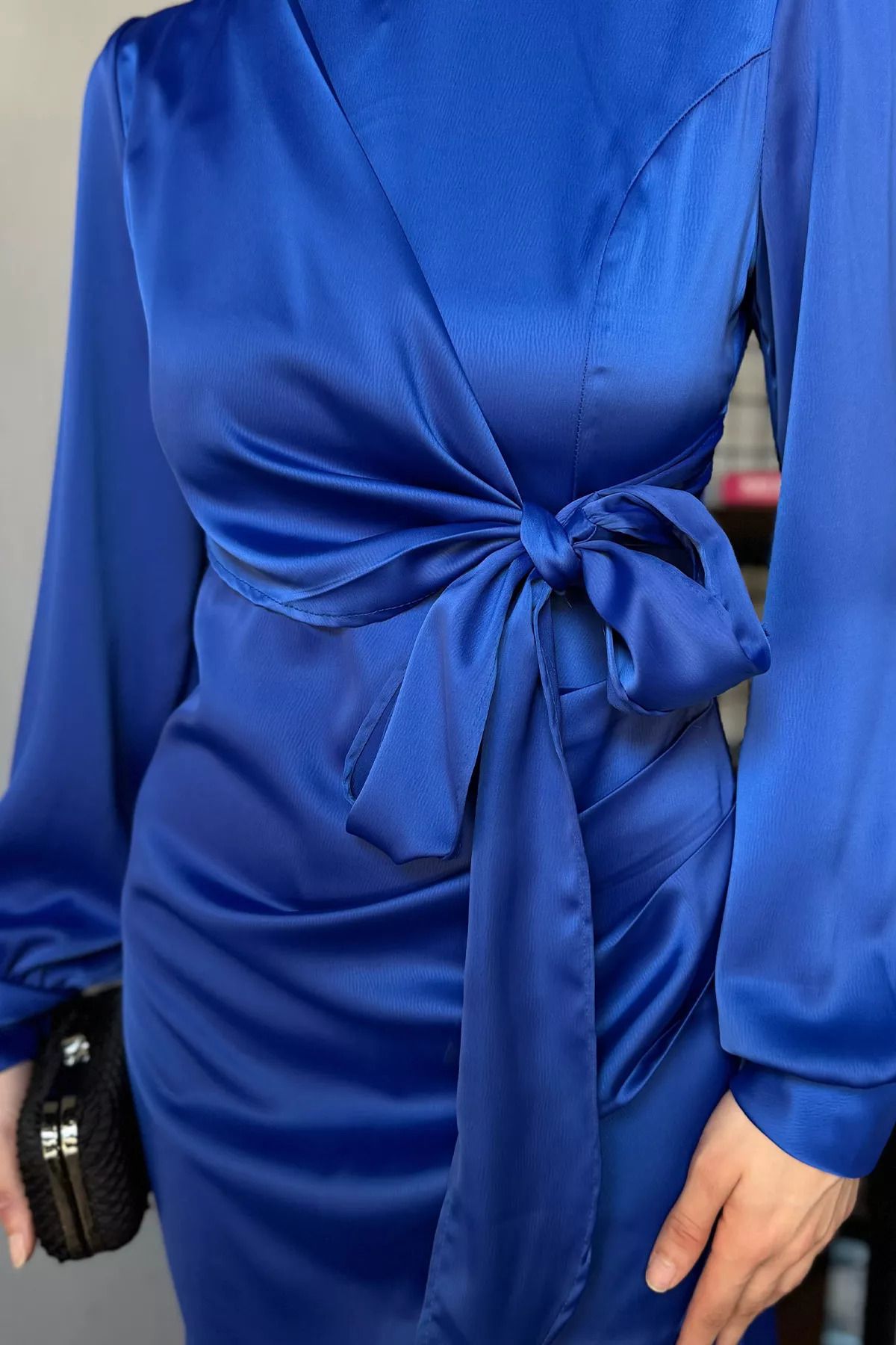 julude-Rochie de seară din satin Hijab cu drapele cu detaliu de legare laterală albastru saxofon 3