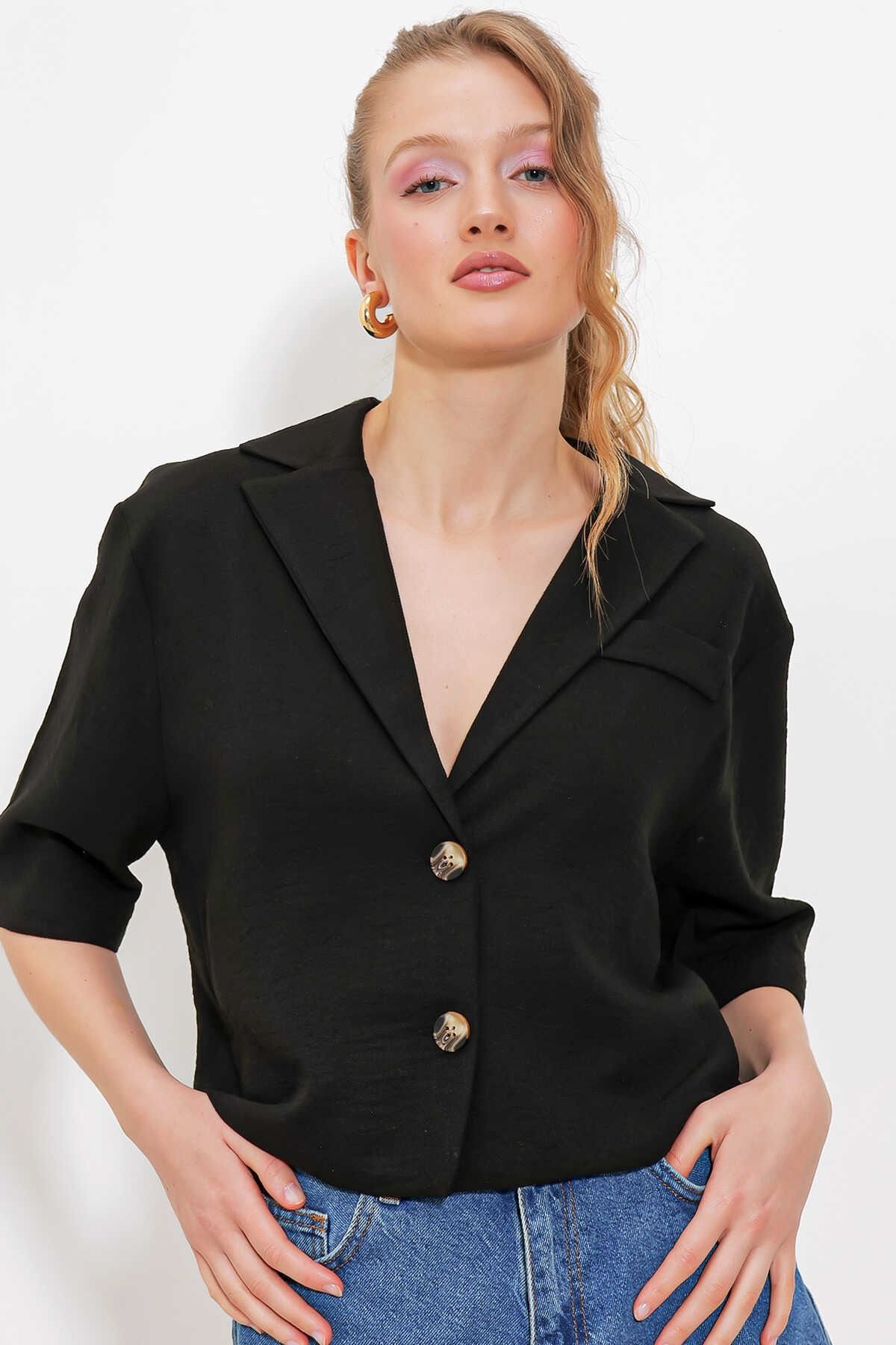 Enter Çift Düğmeli Oversize Crop Keten Ceket