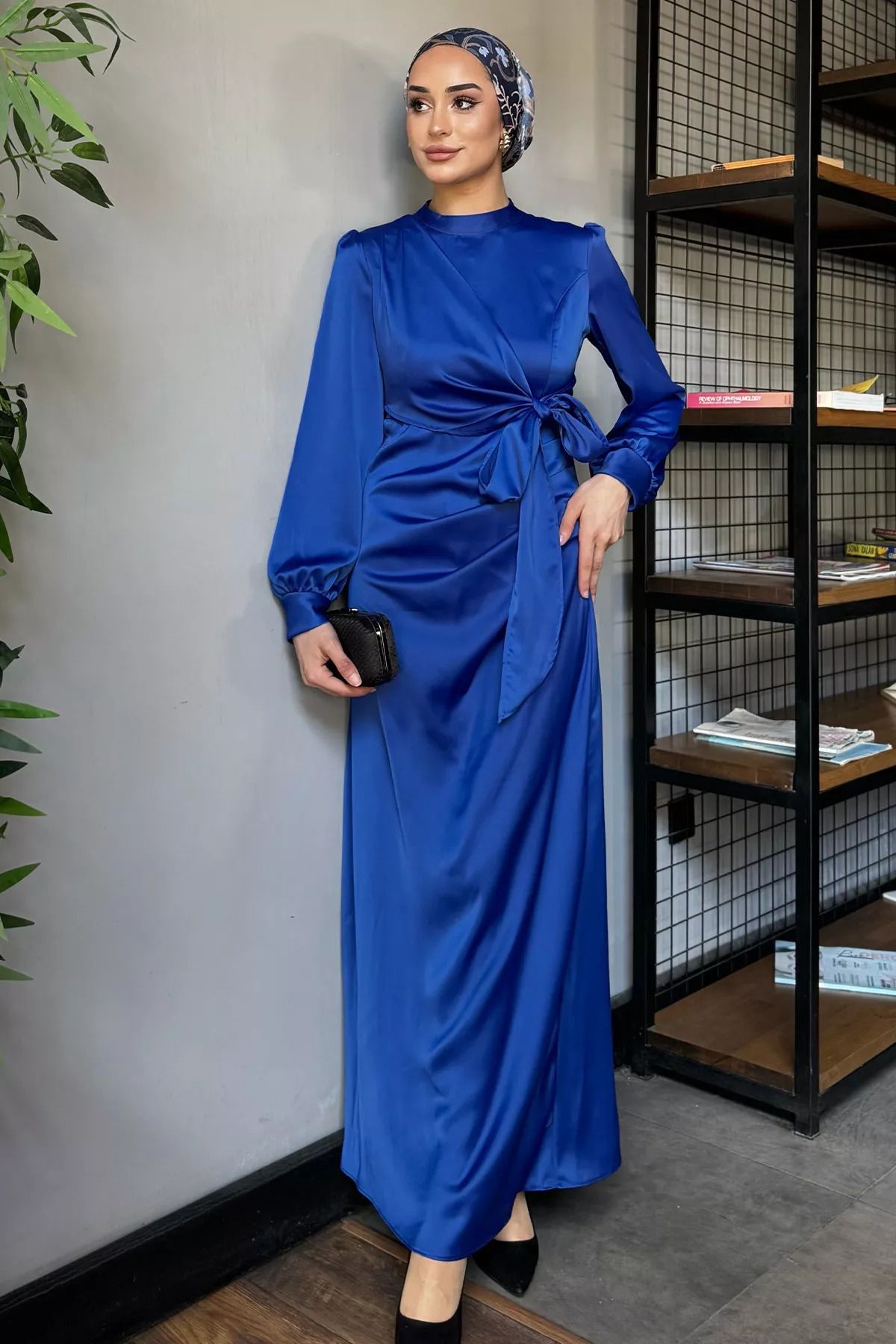 julude-Rochie de seară din satin Hijab cu drapele cu detaliu de legare laterală albastru saxofon 2