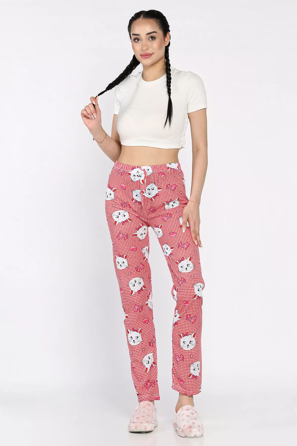 GÜLSELİ Kırmızı Kadın Ekoseli Baskılı Bel Lastikli Pijama Altı