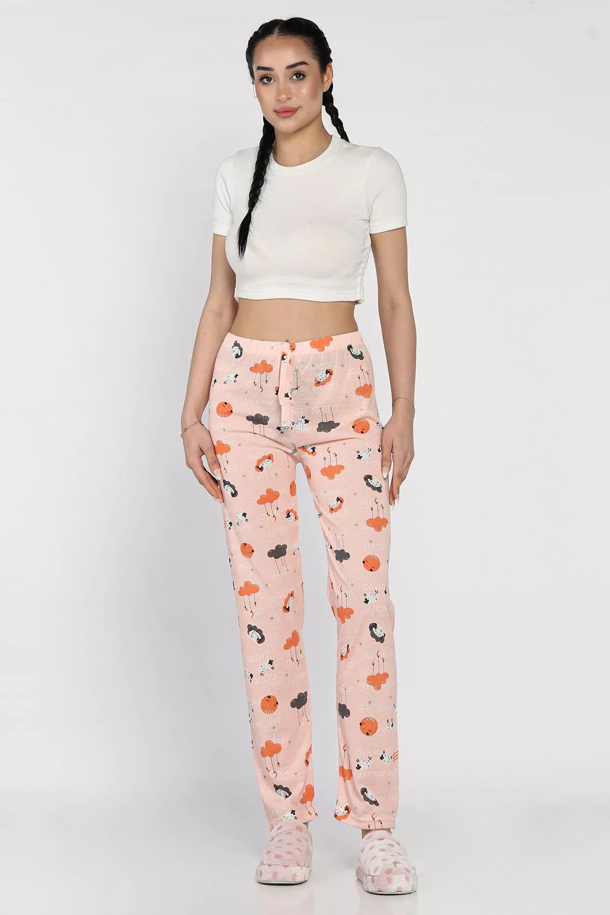 GÜLSELİ Pudra Kadın Baskılı Bel Lastikli Pijama Altı