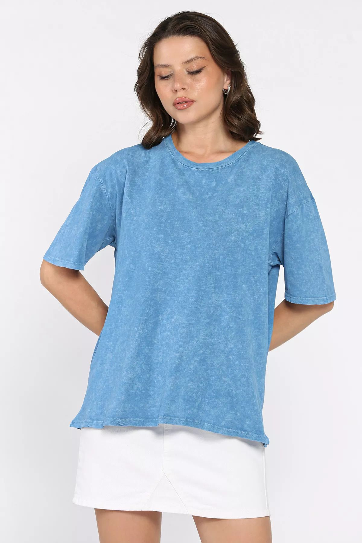 GÜLSELİ İndigo Kadın Bisiklet Yaka Oversize Tişört