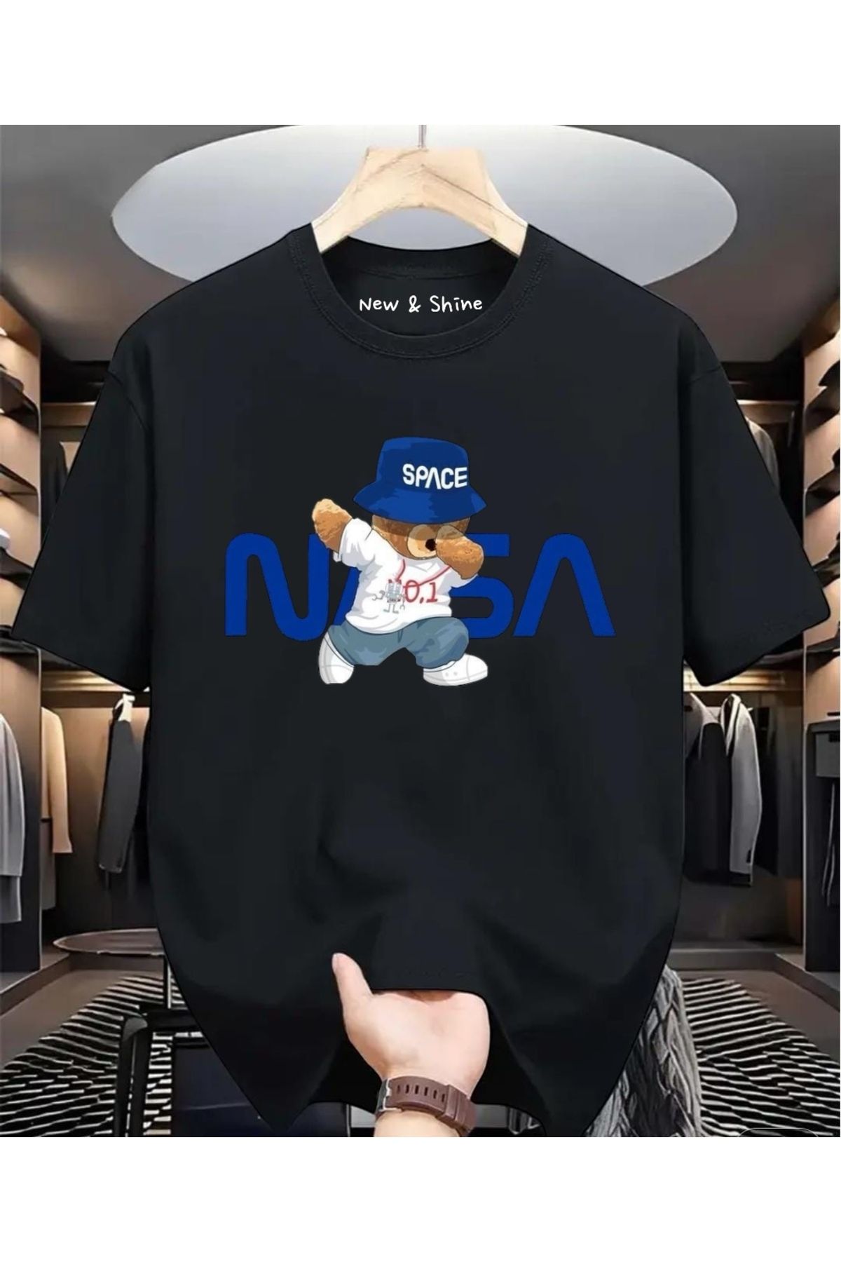 New Shine Nasa Space Ayı Baskılı Oversize T-Shirt
