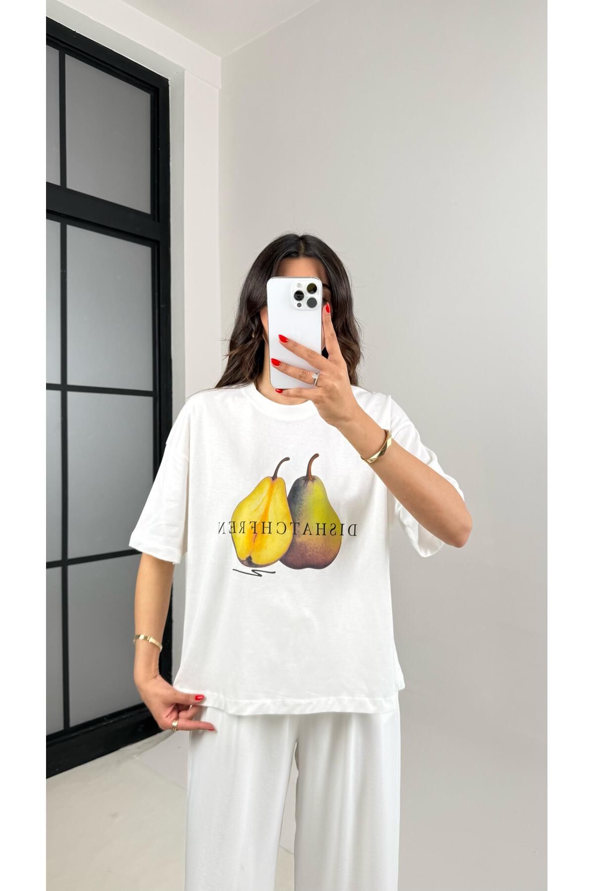 Gaus Beyaz Armut Baskılı Basic Tshirt Gaus00464