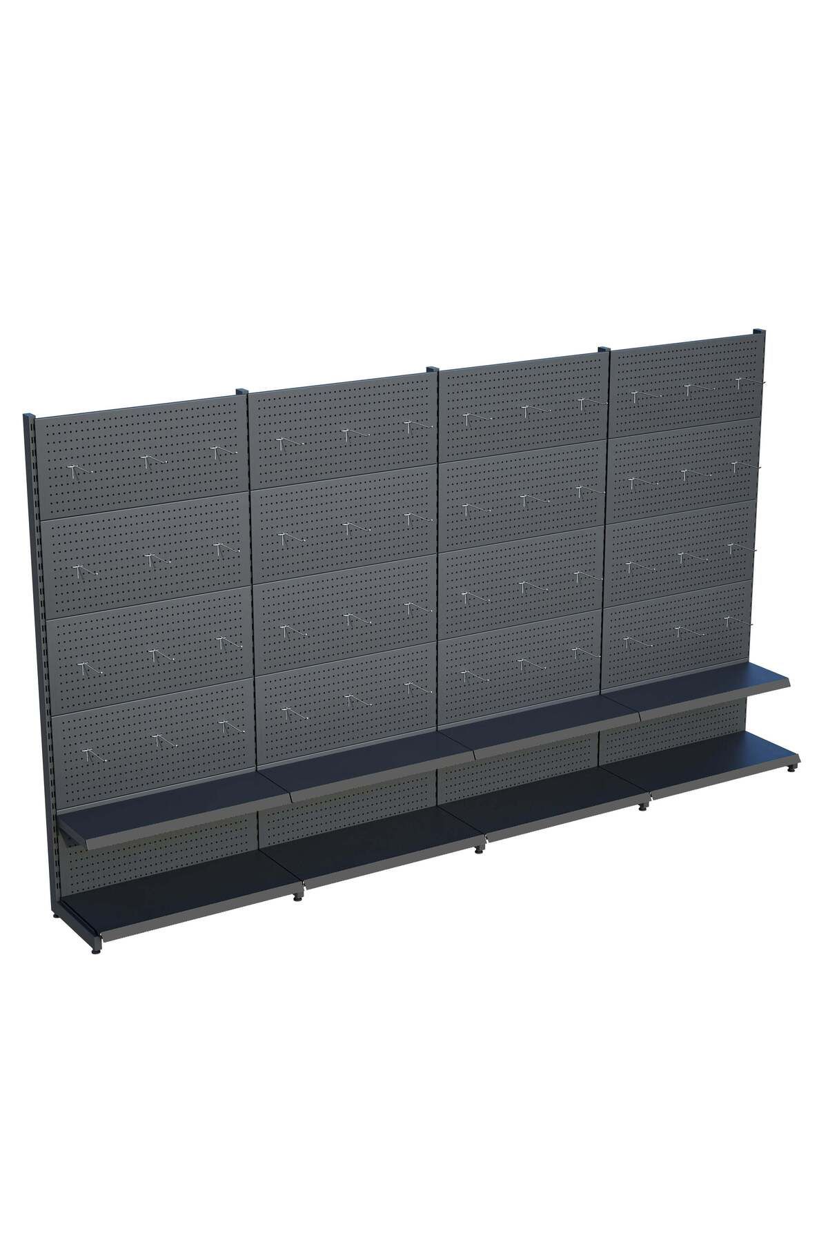 Raffar Antrasit Market Petshop Kırtasiye Rafı Hırdavat Rafı D30CMxG400CMxH220CM Antrasit Delikli Pano + Kan