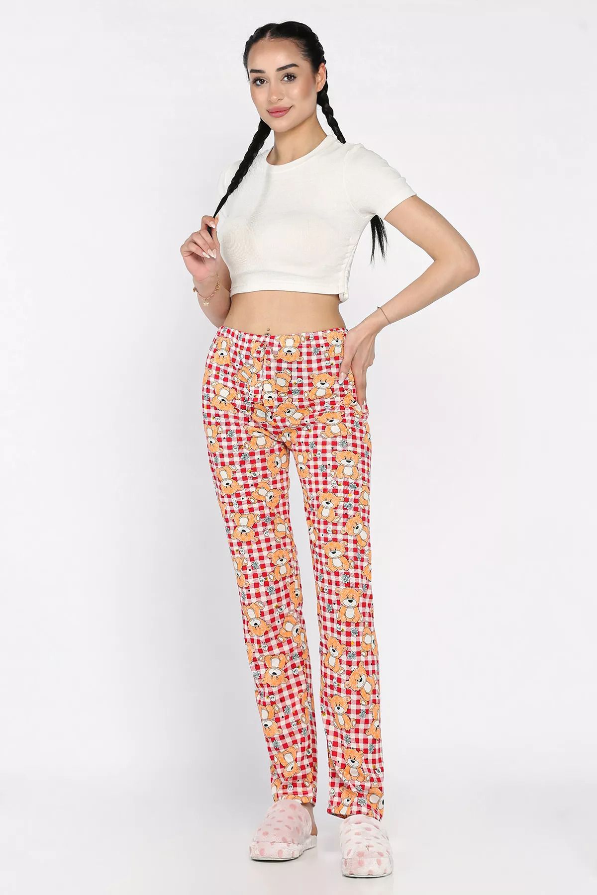 GÜLSELİ Kremkırmızı Kadın Bel Lastikli Ayıcık Baskılı Pijama Altı