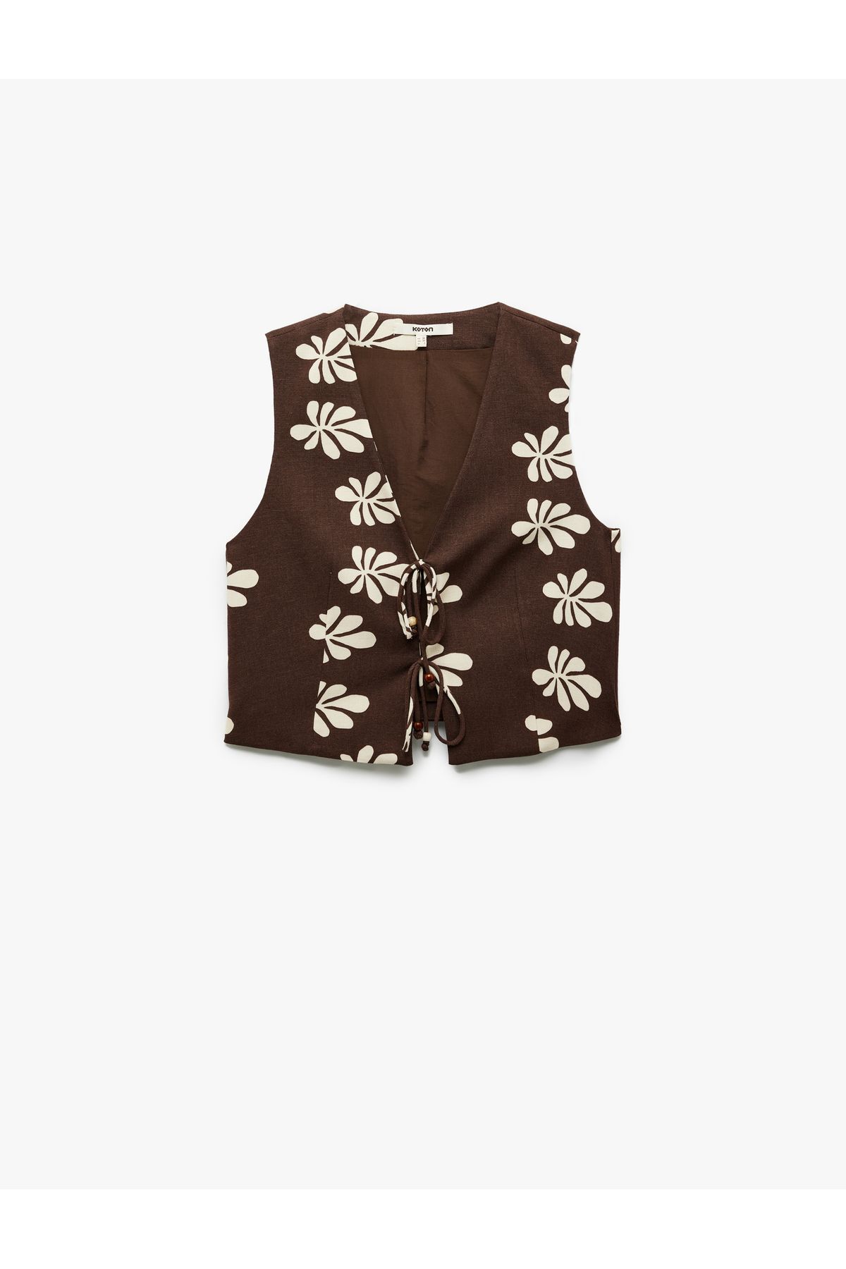 Koton Astarlı Keten Karışımlı Bağlama Detaylı Fiyonklu V Yaka Çiçekli Crop Yelek
