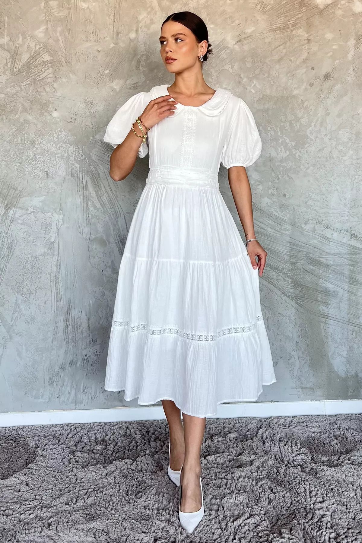 GÜLSELİ Beyaz Kadın Bebe Yaka Dantel İşleme Detaylı Bel Lastikli Elbise