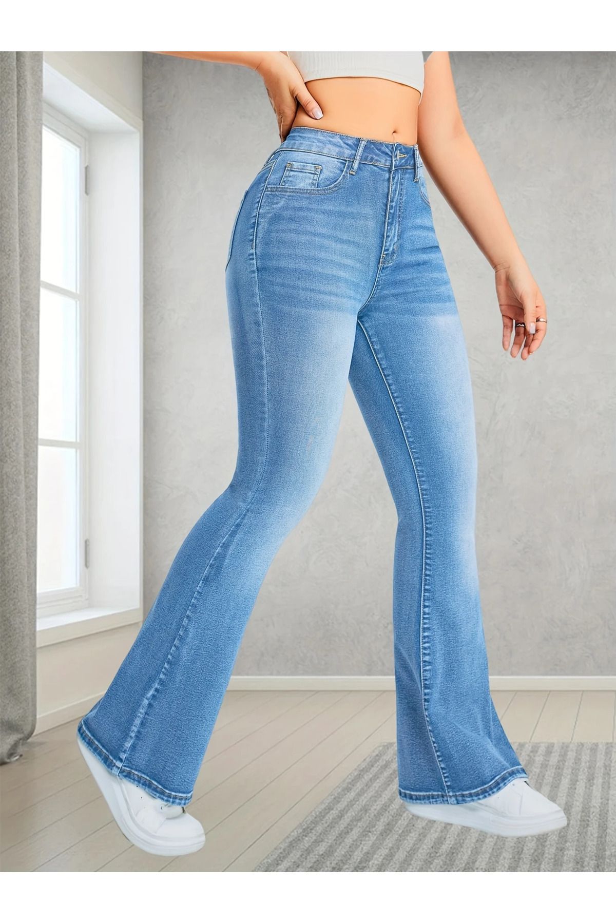 LUNAVISTA Yüksek Bel Skinny Pantolon Açık Mavi Esnek Geniş Paça Pantolon Kadın Günlük Giyim