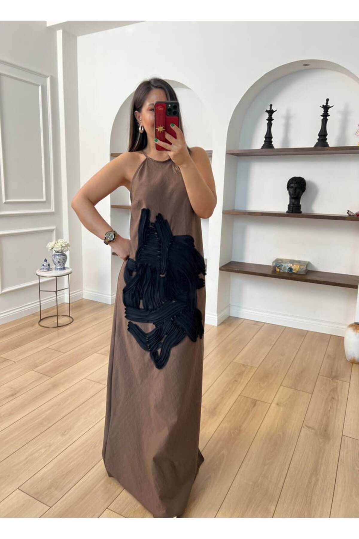 Kese Fashion Store Kahverengi Önü Tül Detaylı Uzun Elbise