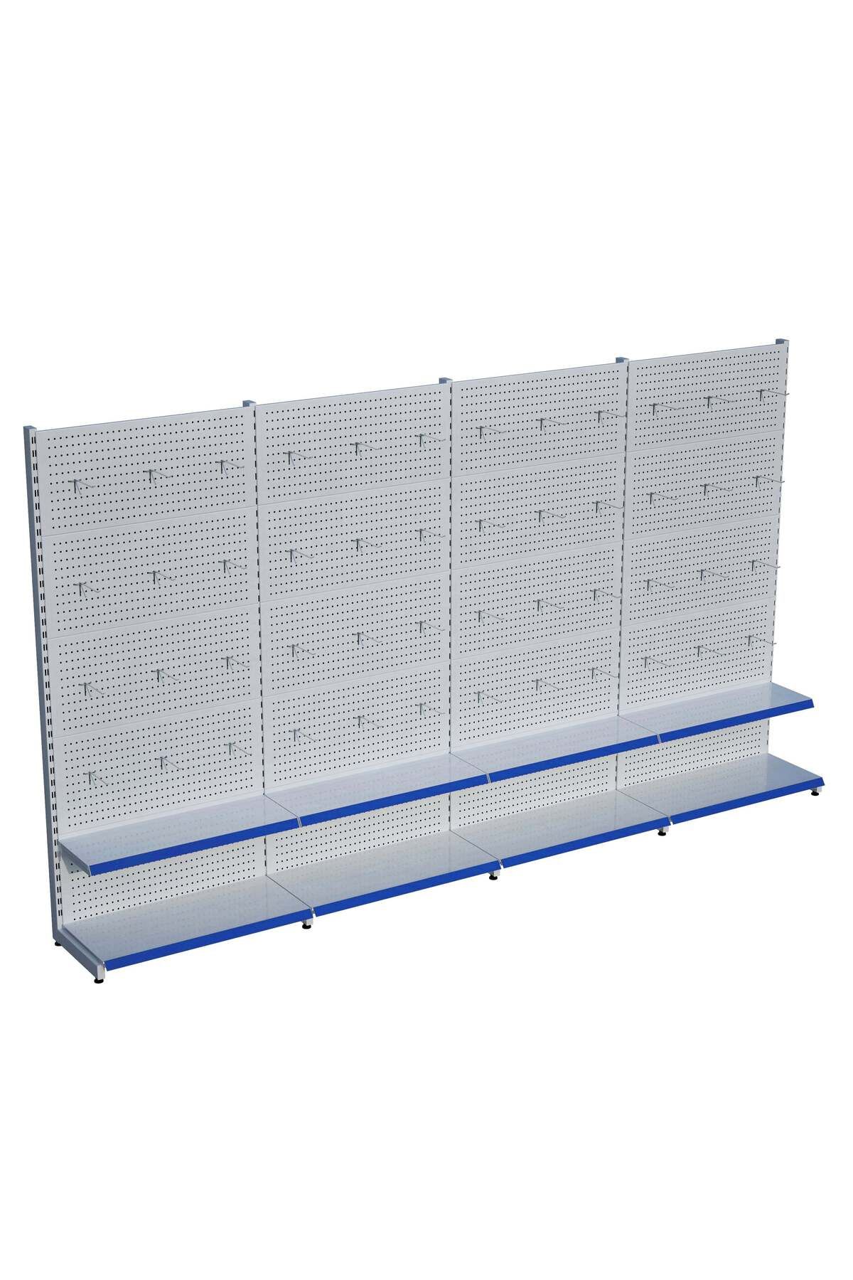 Raffar Beyaz Market Petshop Kırtasiye Rafı Hırdavat Rafı D30CMxG400CMxH220CM Beyaz Delikli Pano + Kancalı R