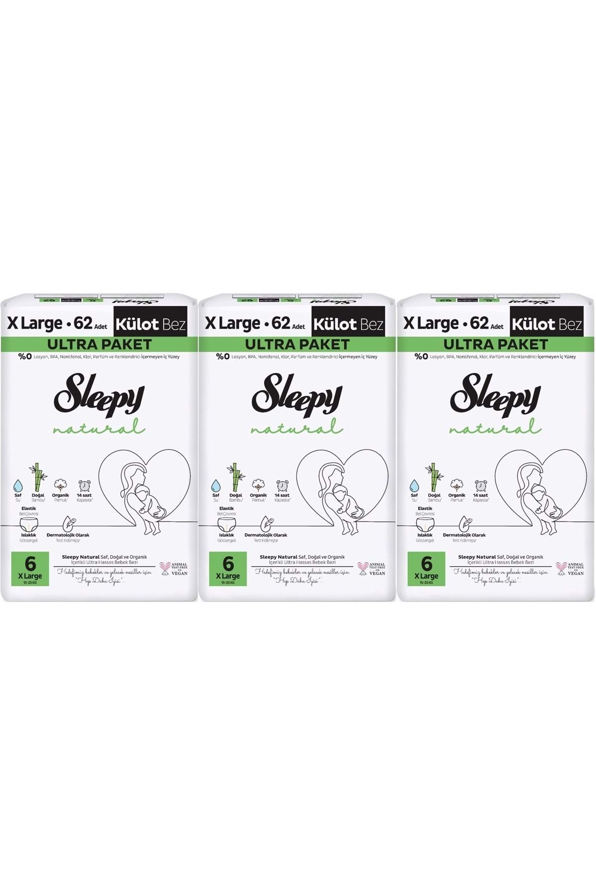Sleepy Külot Bebek Bezi Natural Beden:6 (15-25KG) Extra Large 186 Adet Aylık Ultra Pk
