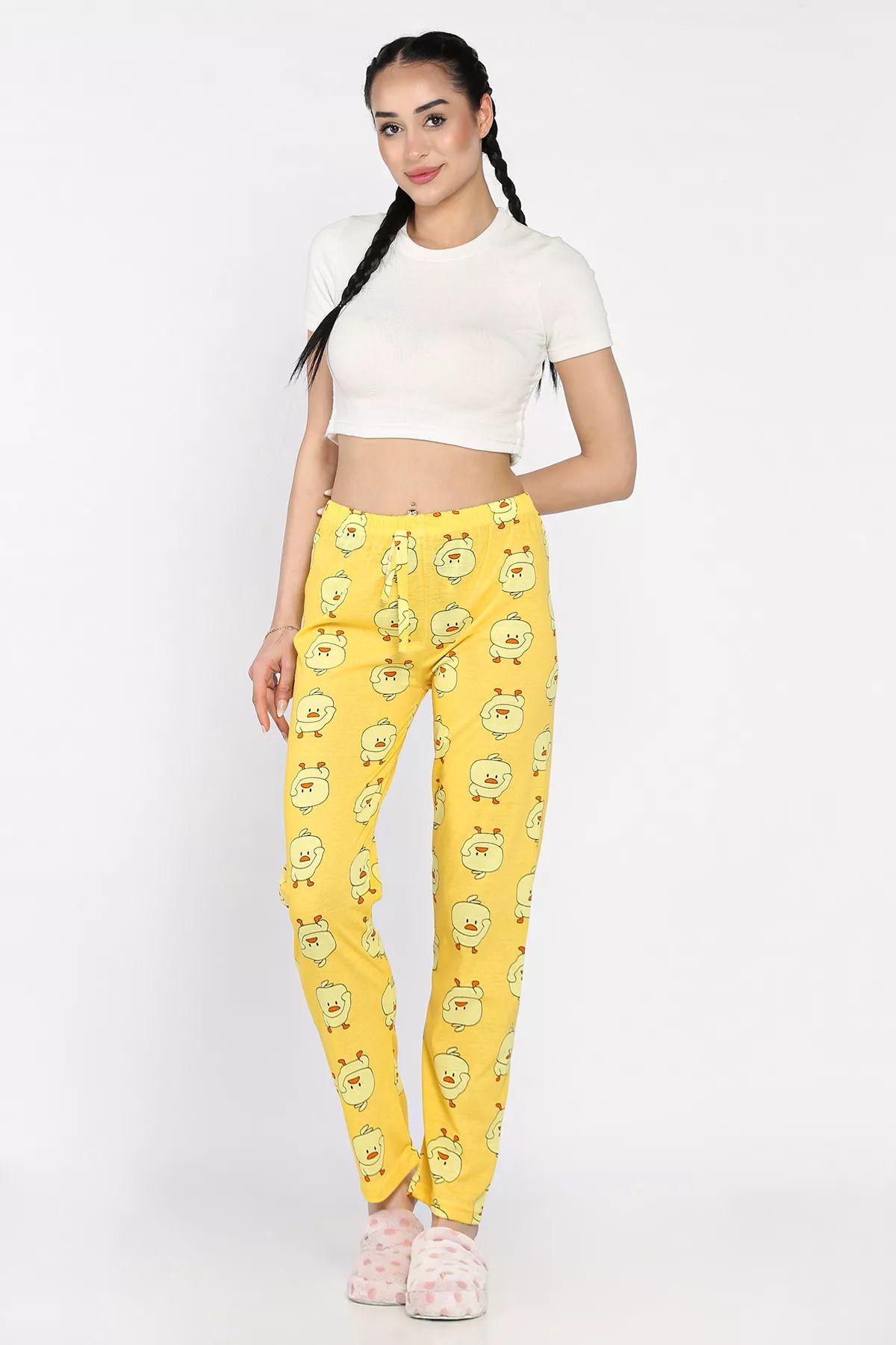 GÜLSELİ Sarı Kadın Bel Lastikli Baskılı Pijama Altı