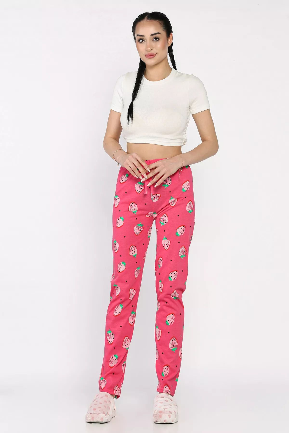 GÜLSELİ Fuşya Kadın Çilek Baskılı Bel Lastikli Pijama Altı