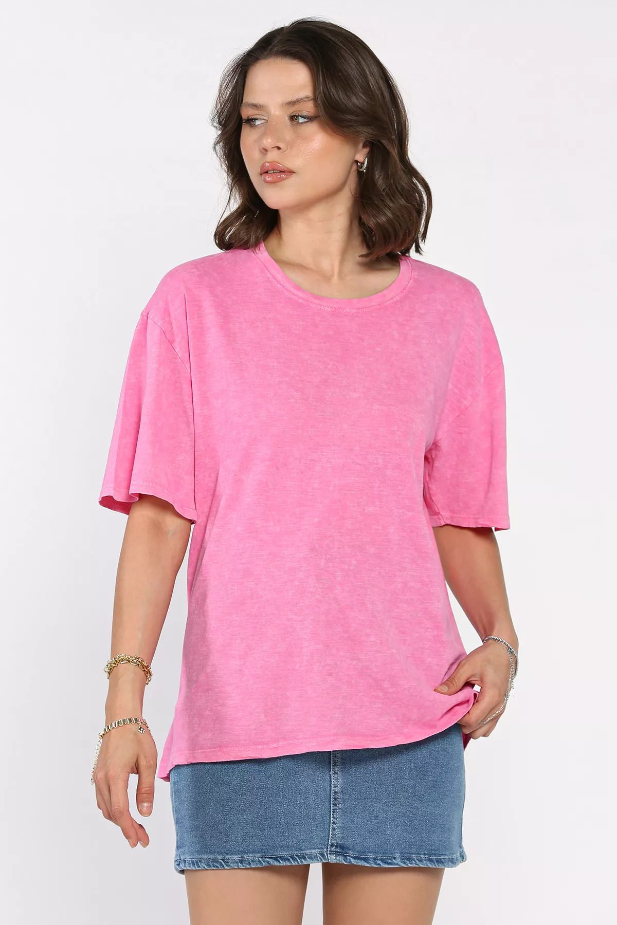 GÜLSELİ Pembe Kadın Bisiklet Yaka Oversize Tişört