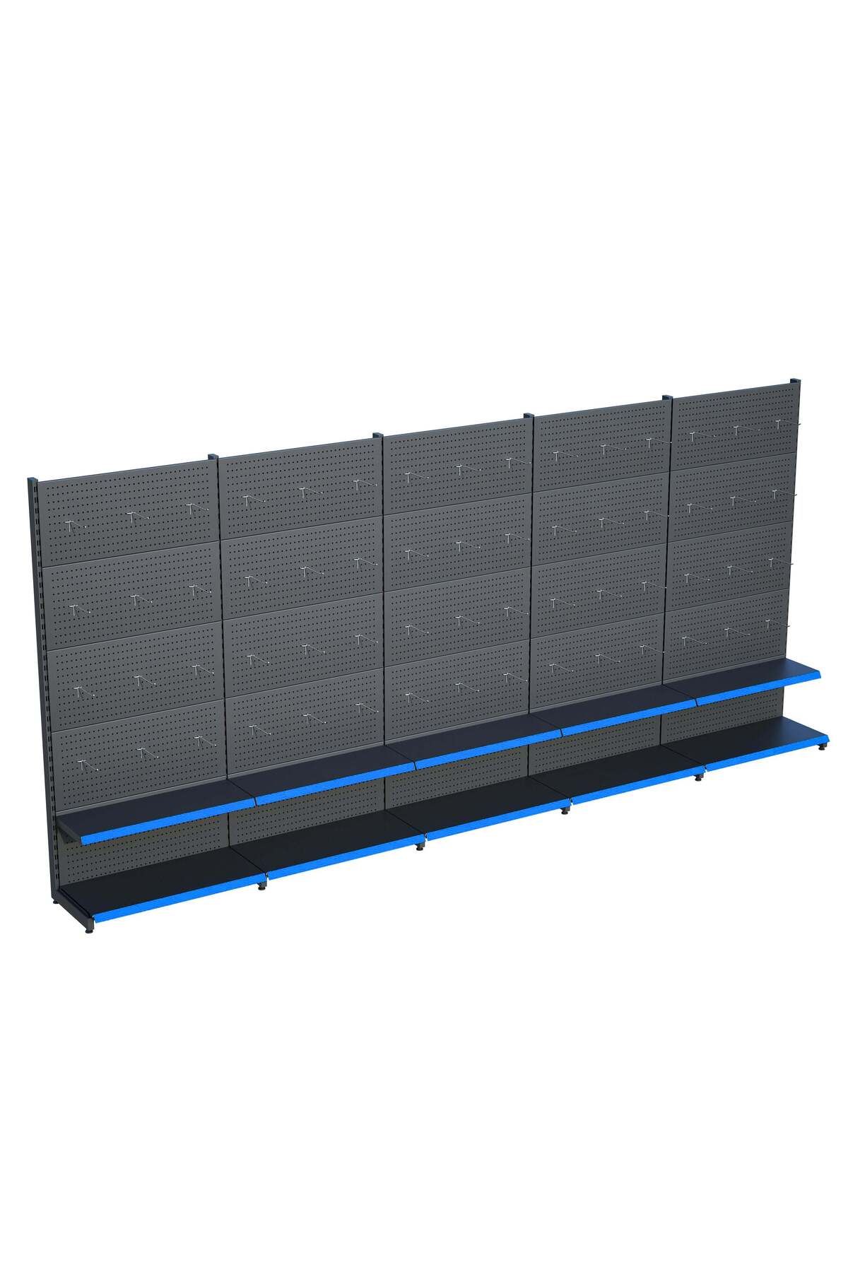 Raffar Antrasit Market Petshop Kırtasiye Rafı Hırdavat Rafı D30CMxG500CMxH220CM Antrasit Delikli Pano + Kan