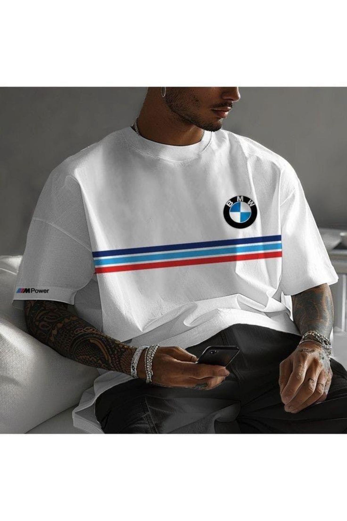 New Shine BMW Çizgili Baskılı Oversize T-Shirt