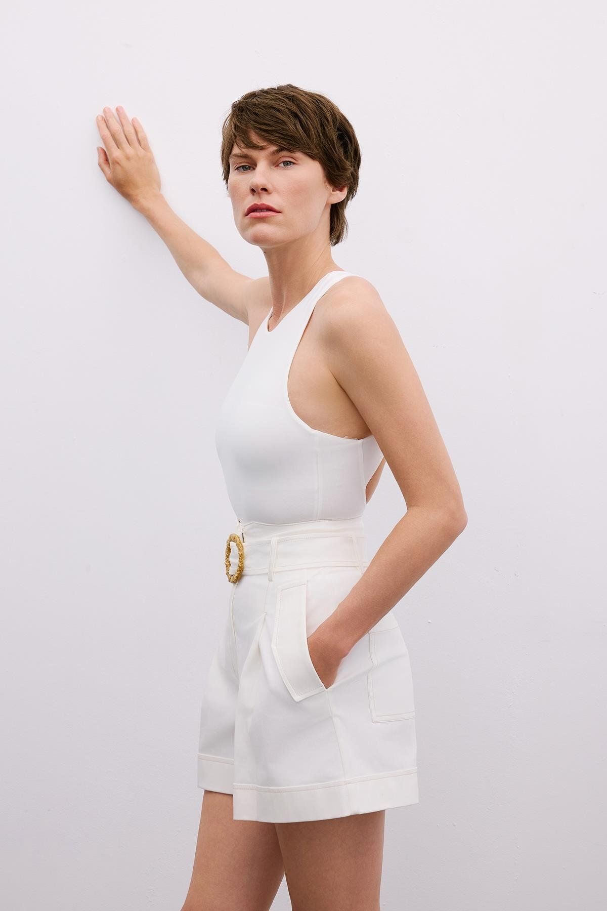 Rue Studio-Ecru Shorts with Belt Buckle Detail 7