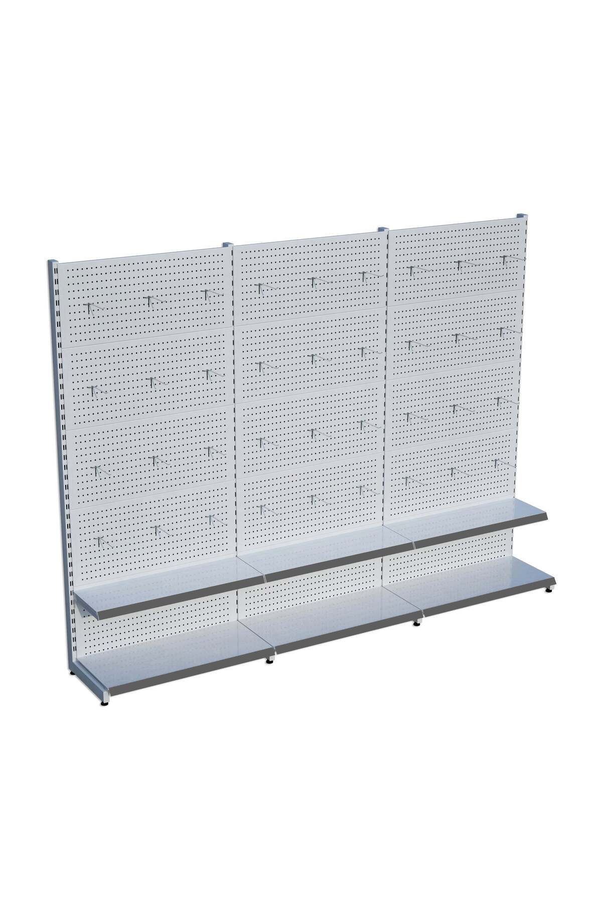 Raffar Beyaz Market Petshop Kırtasiye Rafı Hırdavat Rafı D30CMxG240CMxH220CM Beyaz Delikli Pano + Kancalı R
