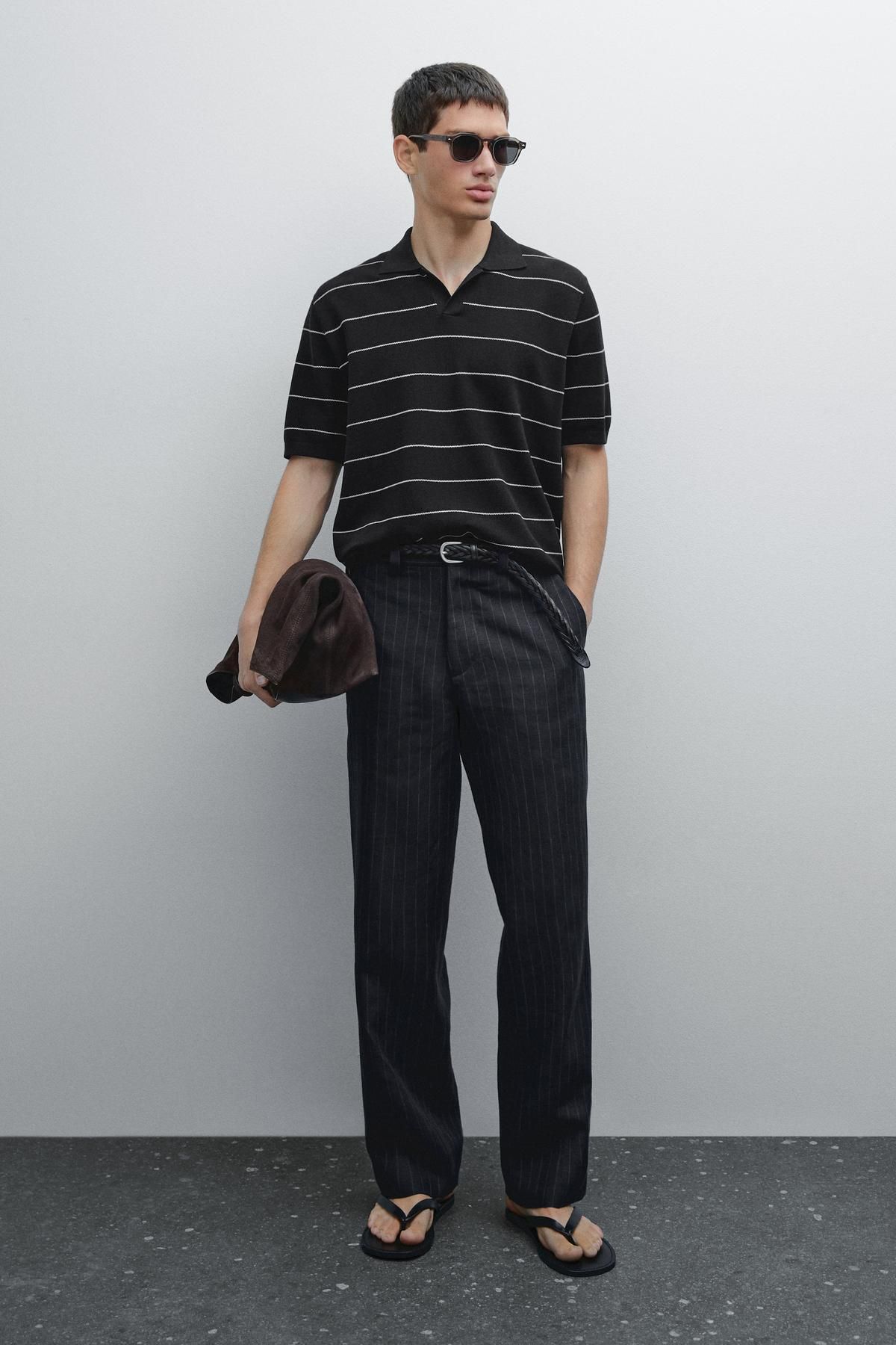 Massimo Dutti Kısa kollu çizgili pamuklu polo yaka t-shirt