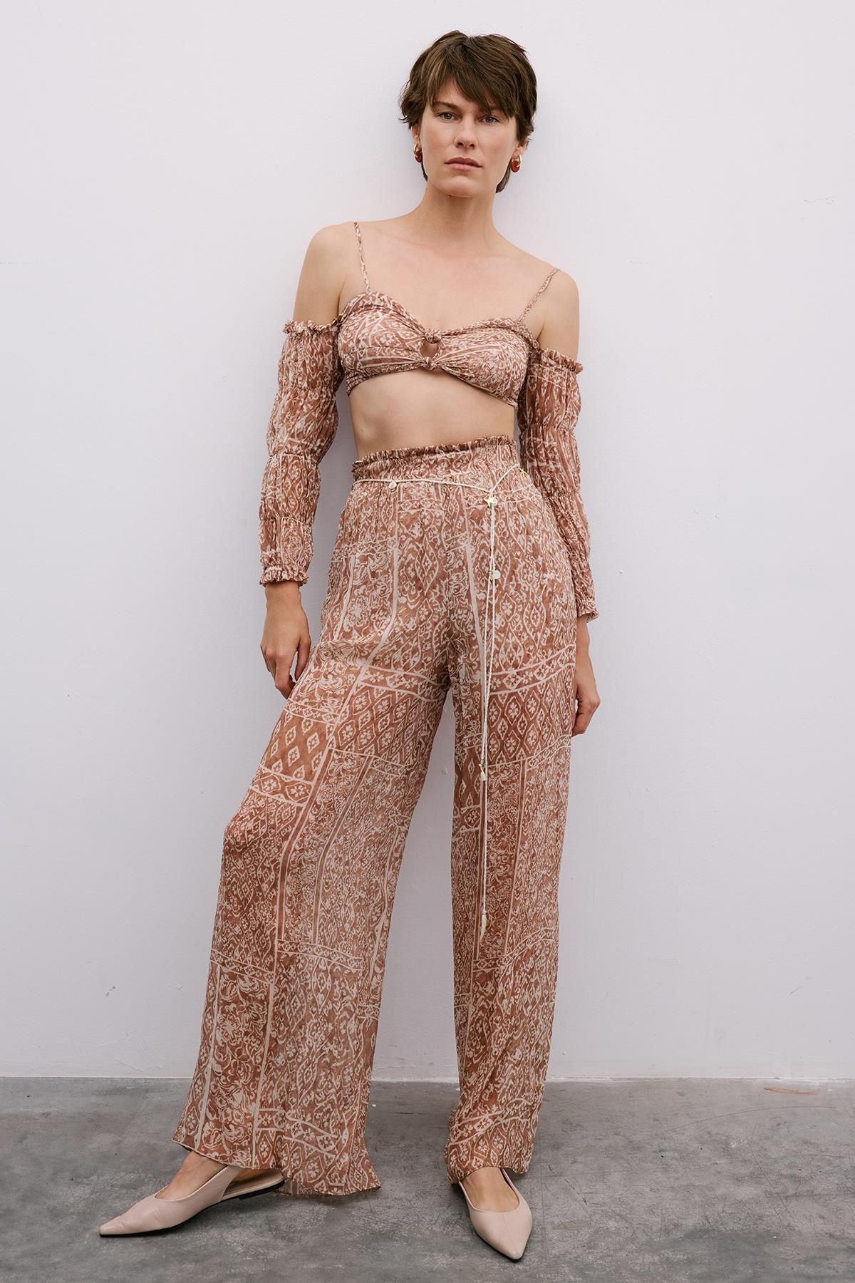 Rue Studio Desenli Bol Paça Camel Pantolon