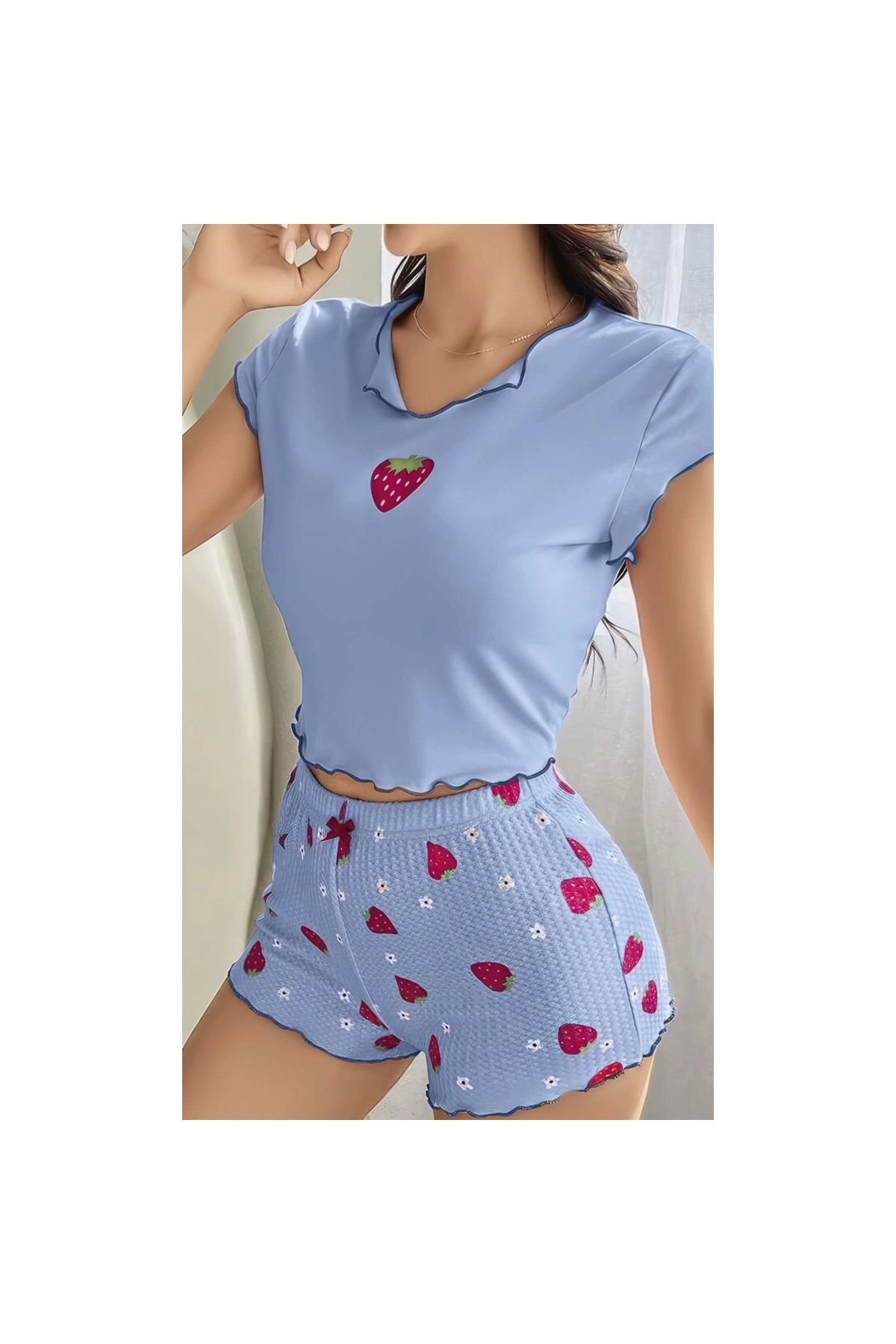 Marsilyan - Çilek Desenli Mavi Pijama Takım