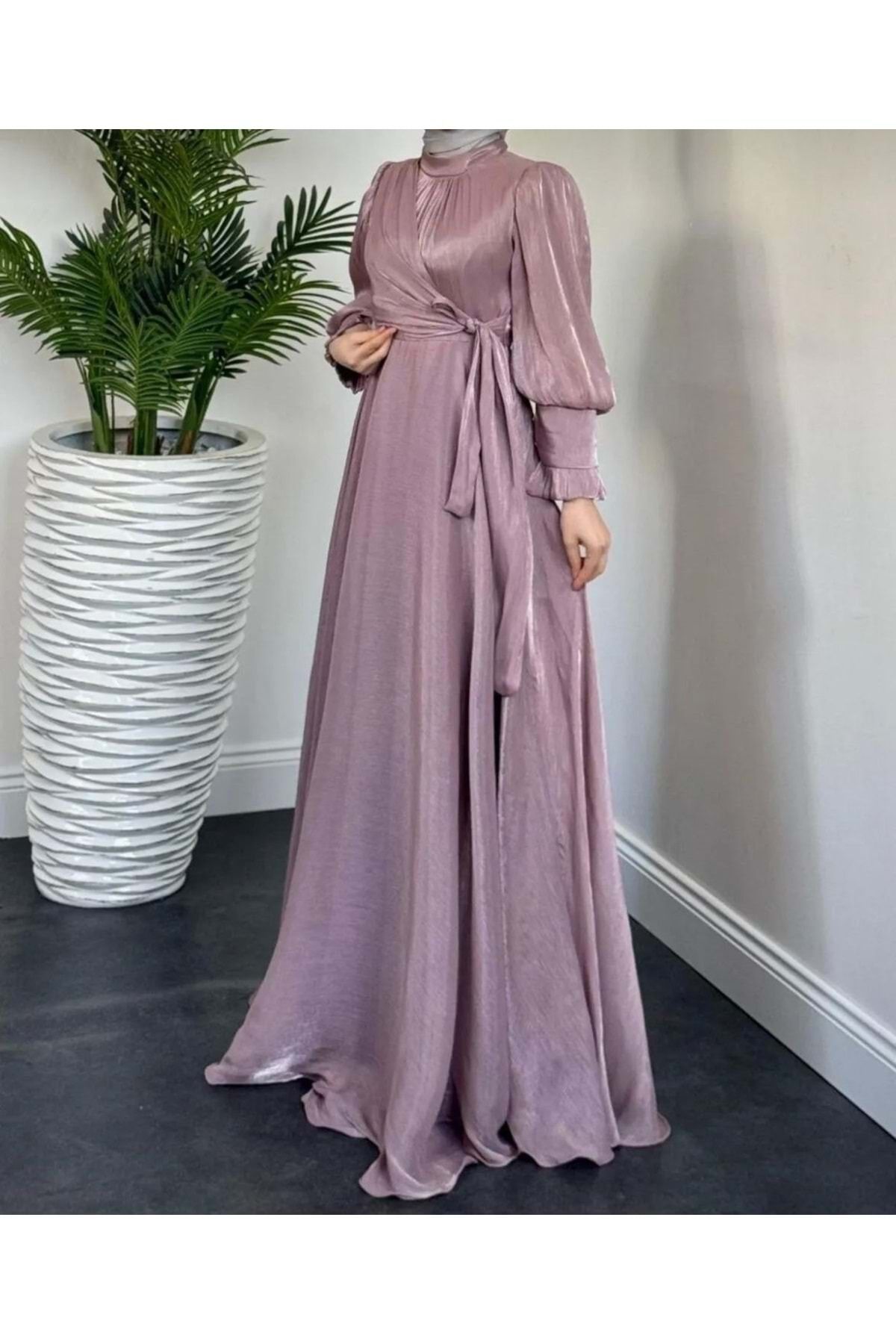 Tane 25Y4690 ELBİSE ABİYE JANJAN ÇAPRAZ BAĞLAMALI LİLA