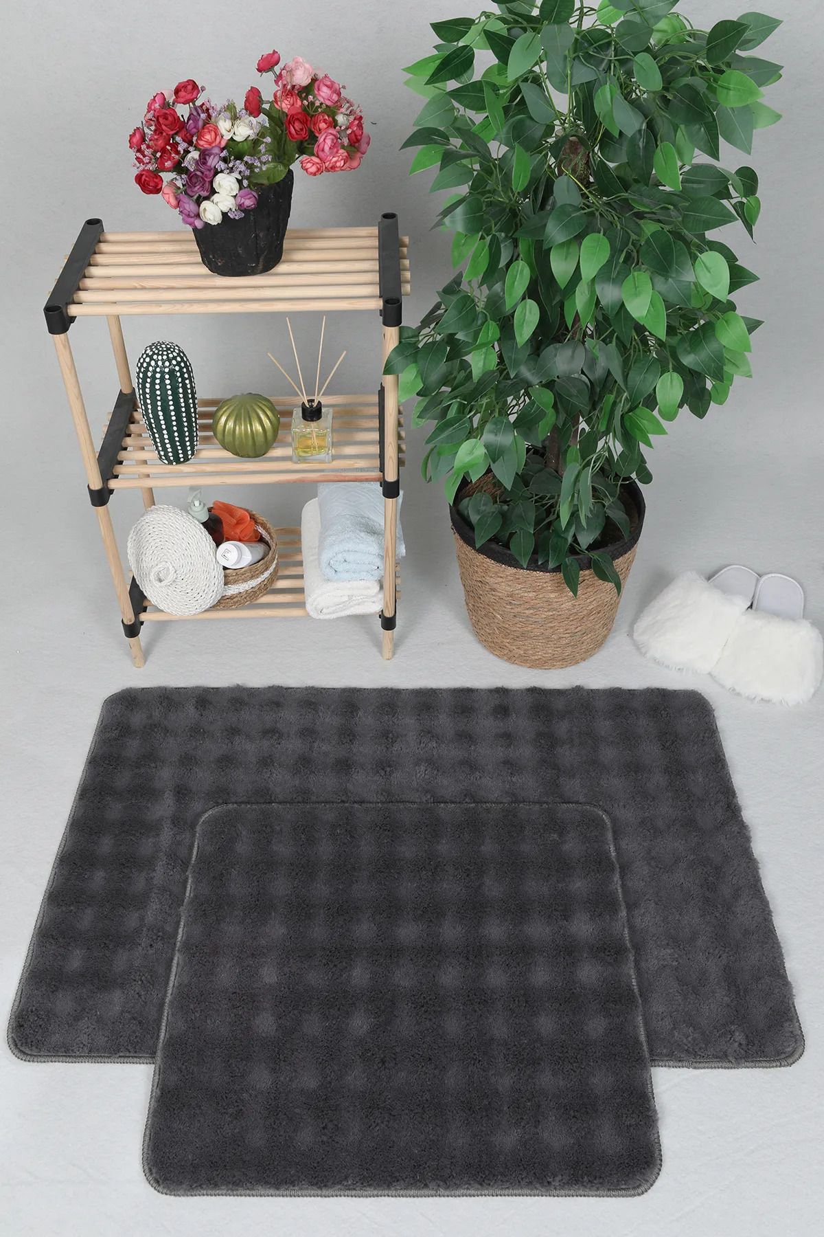 royalmoni Yıkanabilir Kaymaz Peluş Banyo Paspası Halısı 2li Klozet Takımı 50X80-50x40cm Antrasit Bubble Paspas