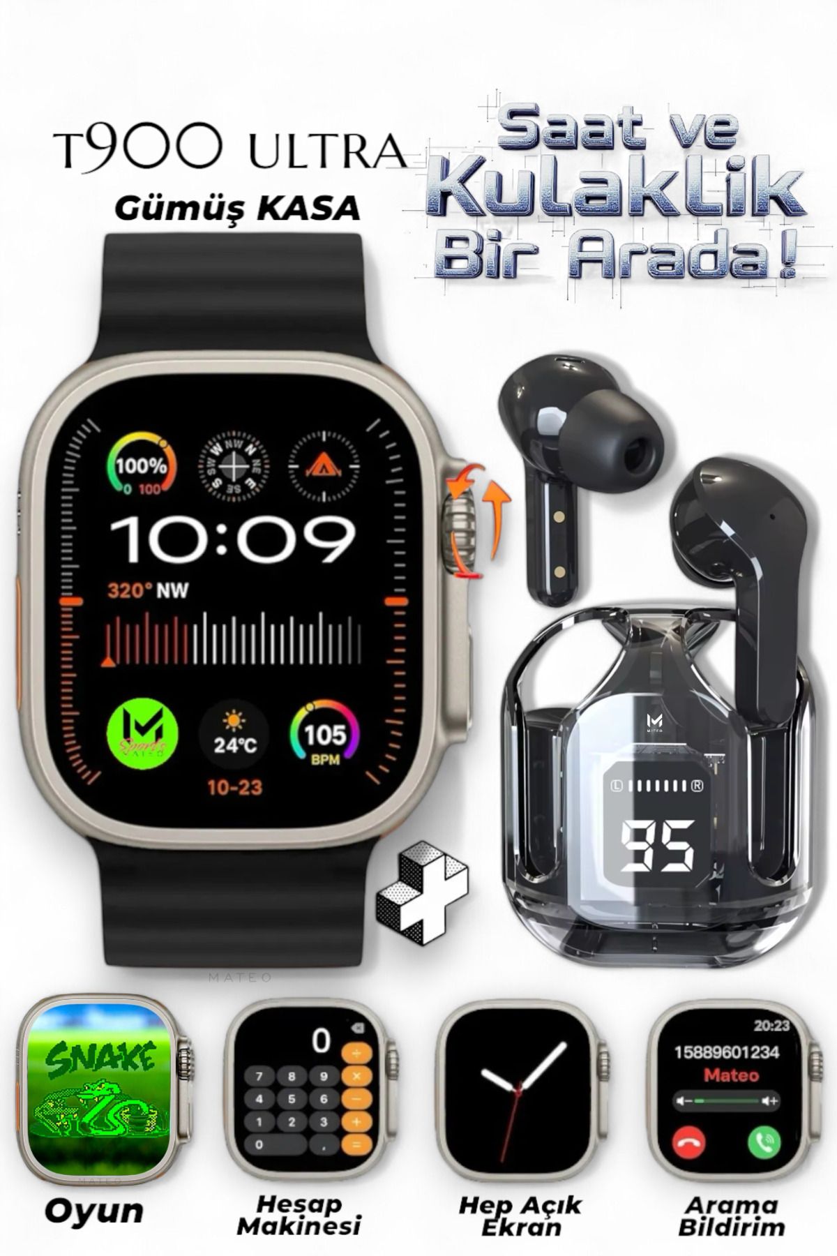 MATEO Akıllı saat T900 Ultra Watch 8 ve Ultra Pods Max Bluetooth kulaklık