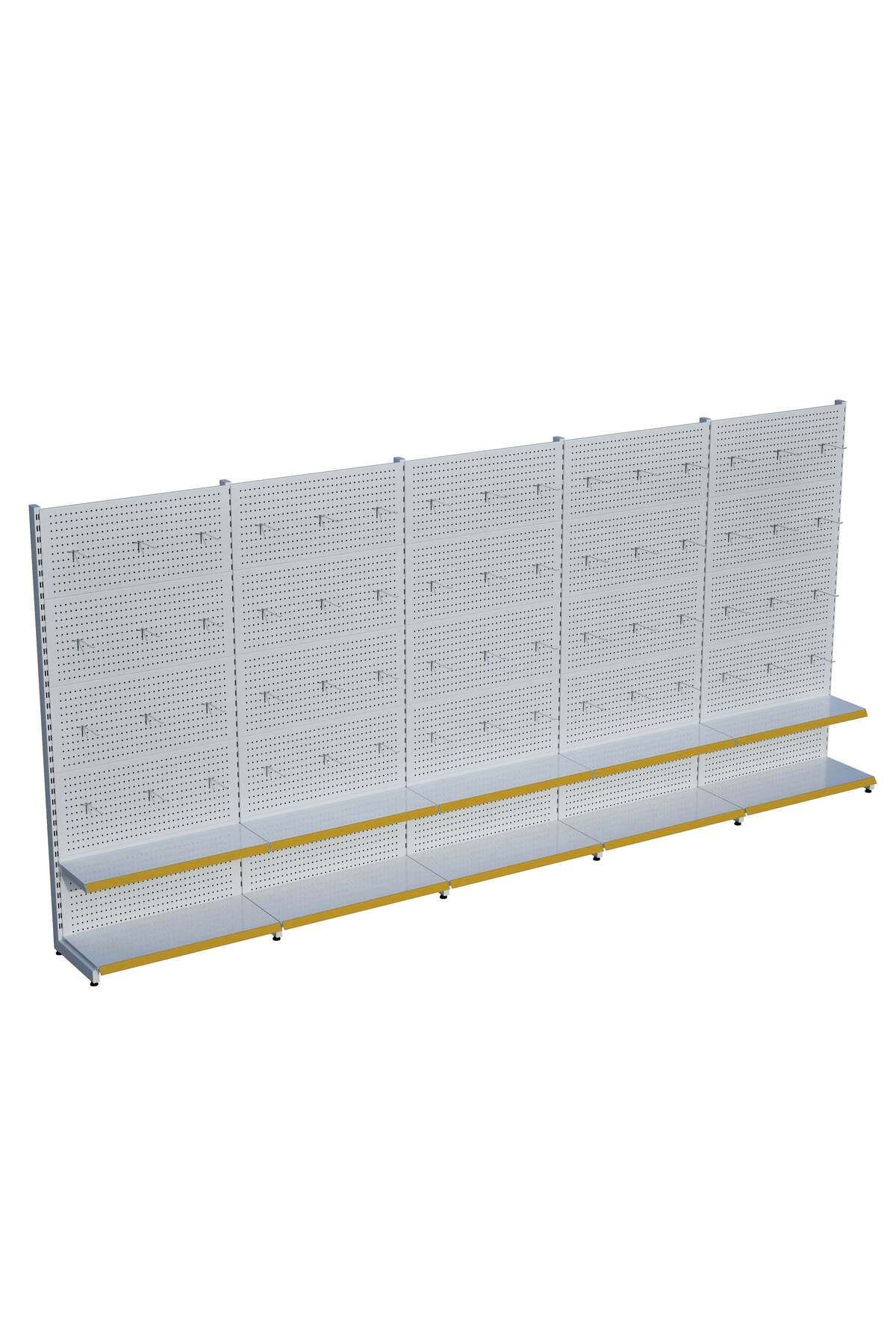 Raffar Beyaz Market Petshop Kırtasiye Rafı Hırdavat Rafı D30CMxG400CMxH220CM Beyaz Delikli Pano + Kancalı R