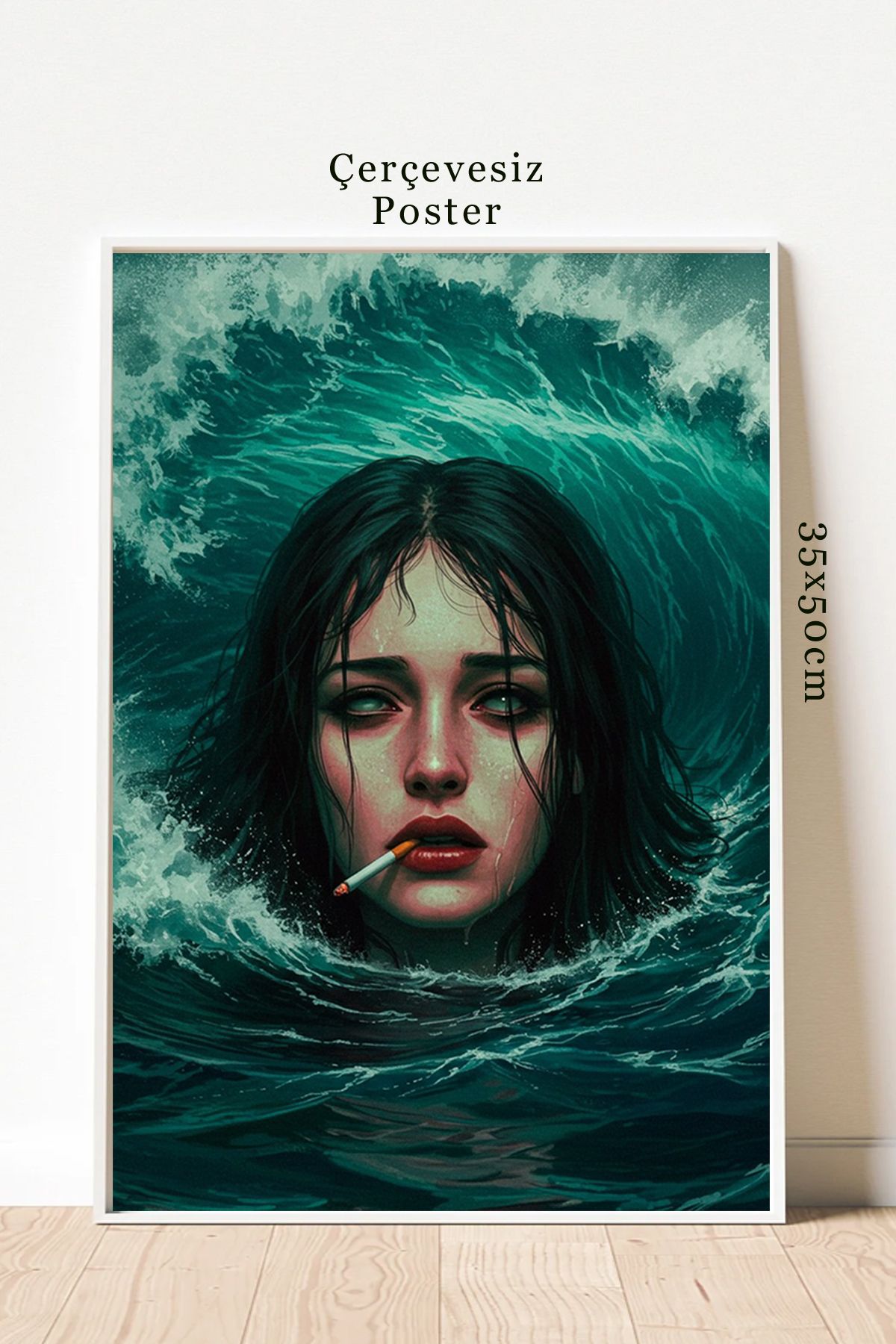 DARK AND BRIGHT "Melankolik Sanat Posteri | Okyanusta Kaybolan Kadın Modern Duvar Tablosu 35x50 cm"