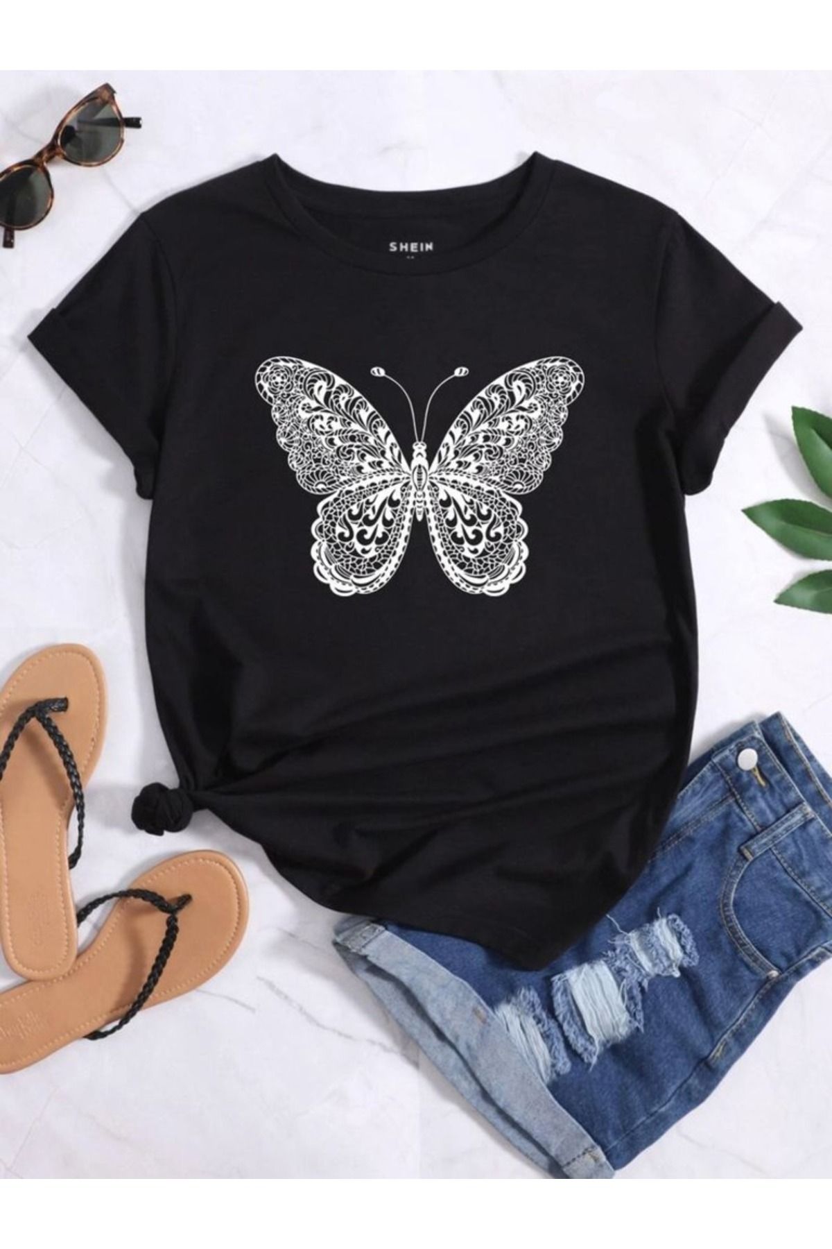 aynewmoda Kız Kısa Kollu Yuvarlak Yaka Kelebek Baskılı Tişört