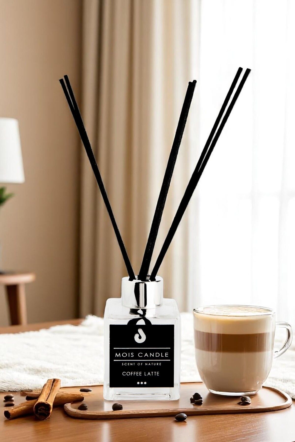 Mois Candle Coffee Latte Kokulu Bambu Çubuklu Oda Kokusu – Uzun Süre Kalıcı, Doğal Esans, Şık Şişe Tasarımı