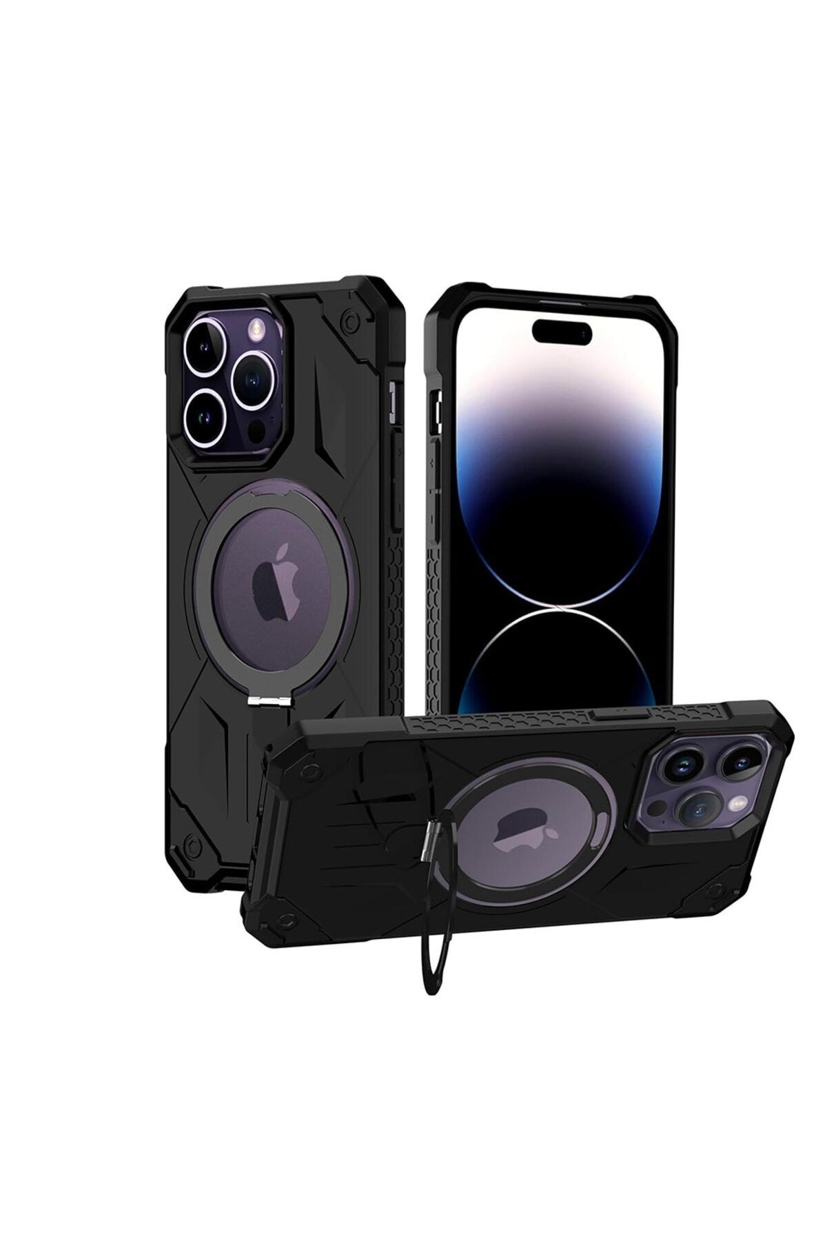 Gtech-G-Tech Ring Stand Case, Compatible with Apple iPhone 14 Plus, Defender Shockproof, Magsafe, Black 4