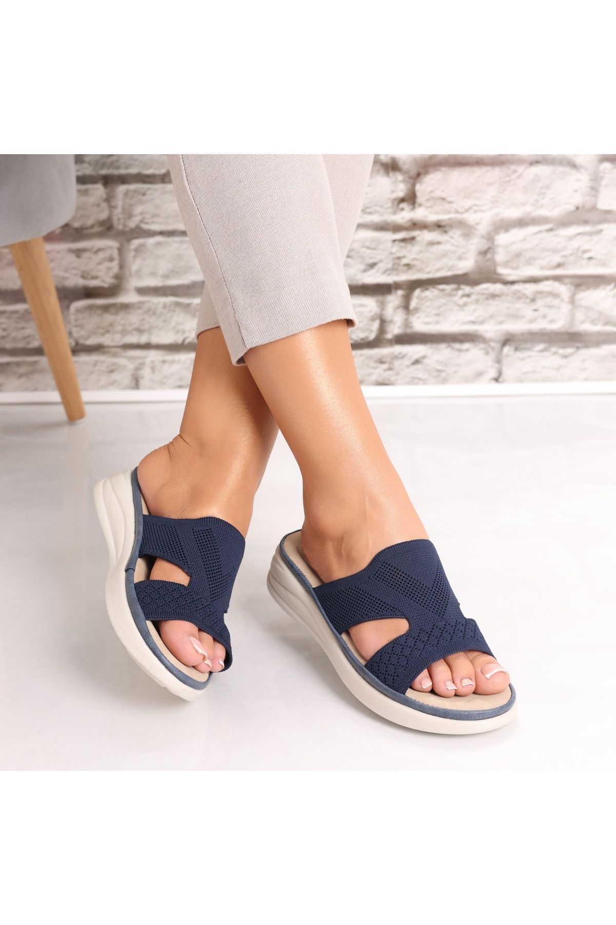 MODA STİL-Women's Navy Blue Flat Slippers Made of Textile Florina, 38 1