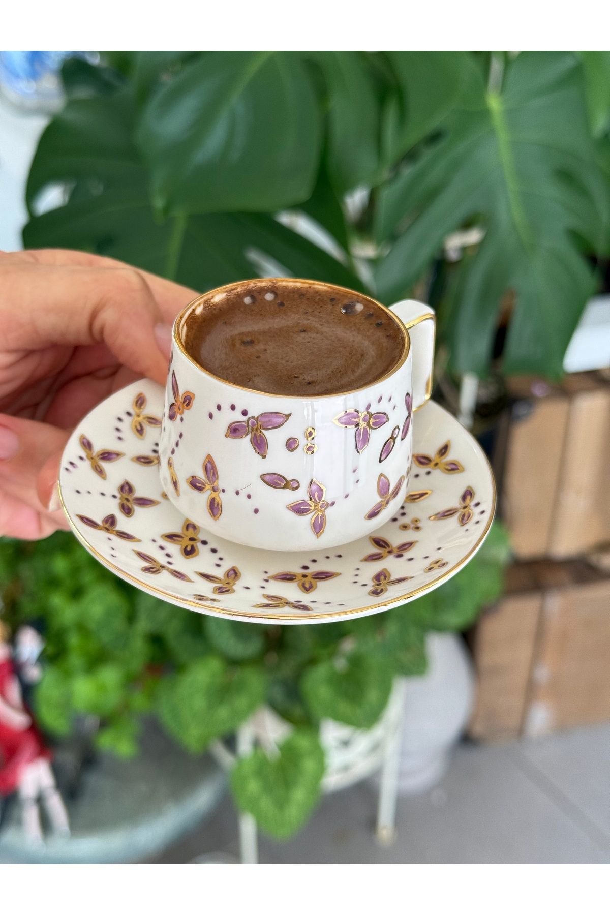 NADY STUDIO Morçiçek 2 kişilik el yapımı porselen bezeme 24 ayar altın işlemeli kahve fincan set