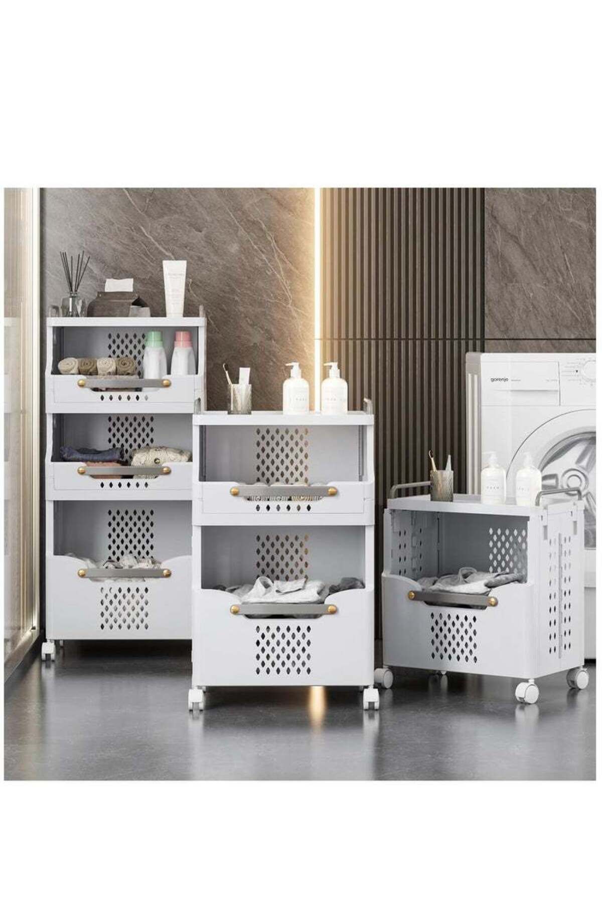 COOYA-3-layer laundry basket,detachable and foldable,multi-partition storage,with handles and wheels,white 5